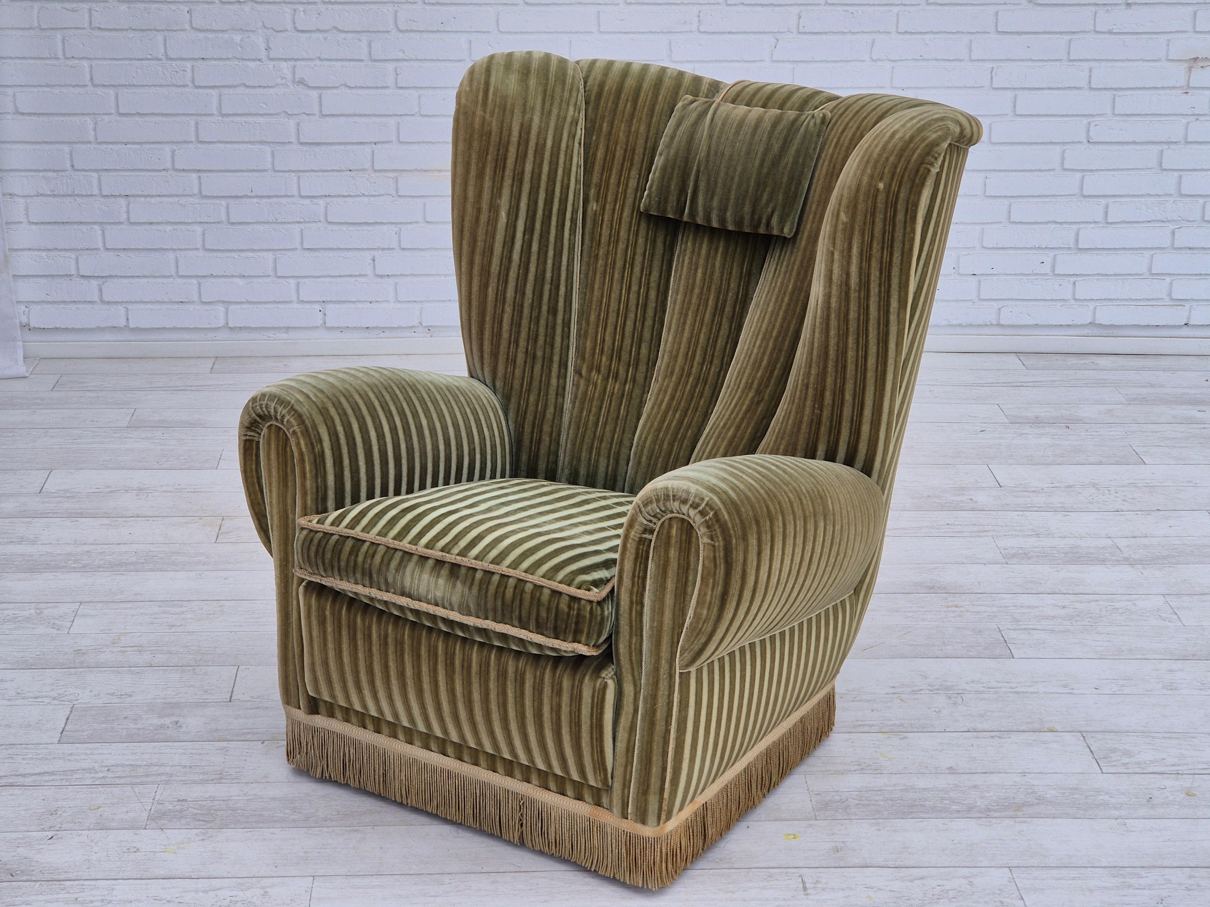1960s, Danish highback relax armchair, original condition, furniture velour. For Sale 10