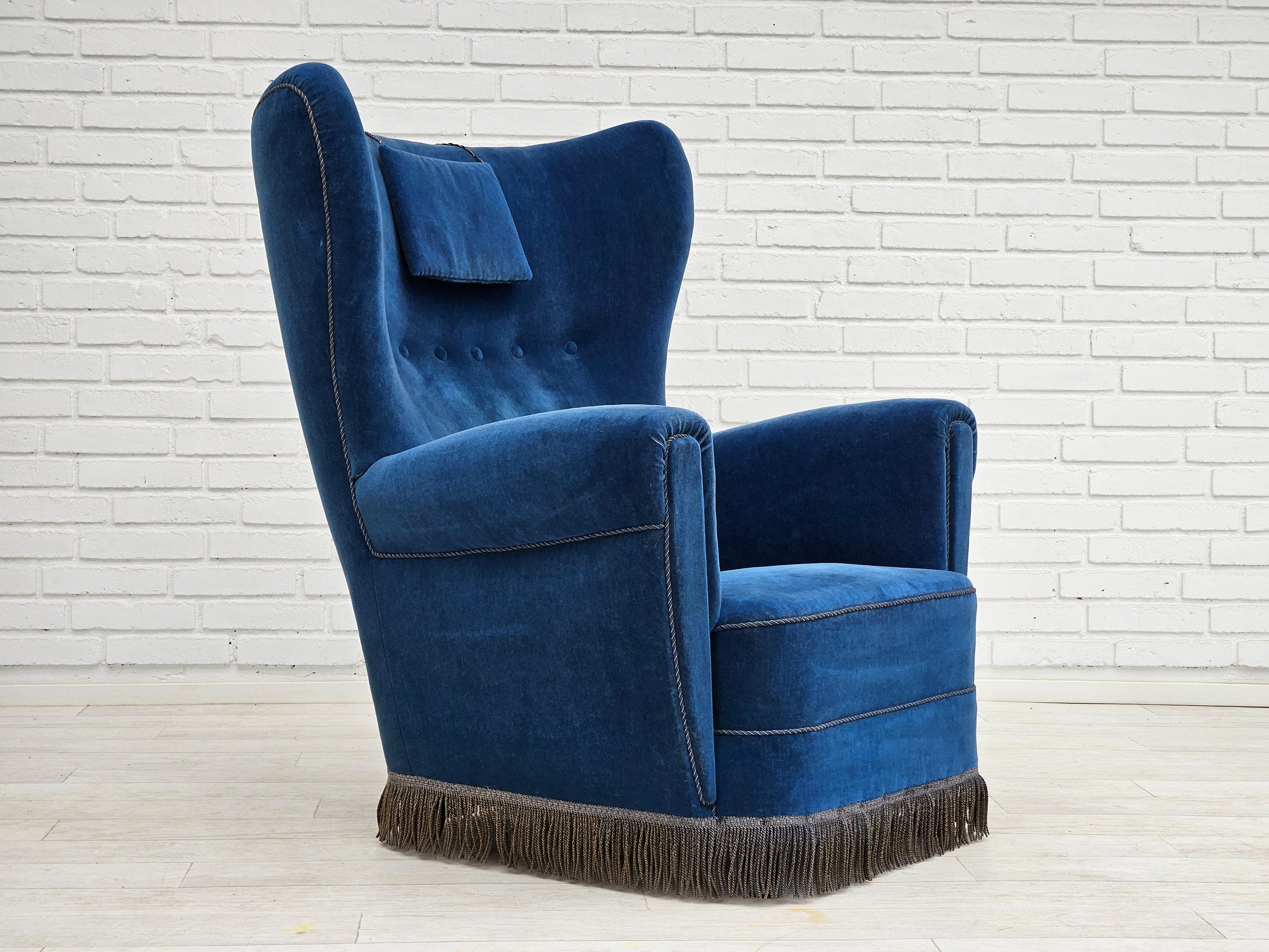 1960s, Danish high back relax chair in original very good condition: no smells and no stains. Blue furniture velour, beech wood legs, brass springs in the seat, neck pillow. Manufactured by Danish furniture manufacturer in about 1960-65s.