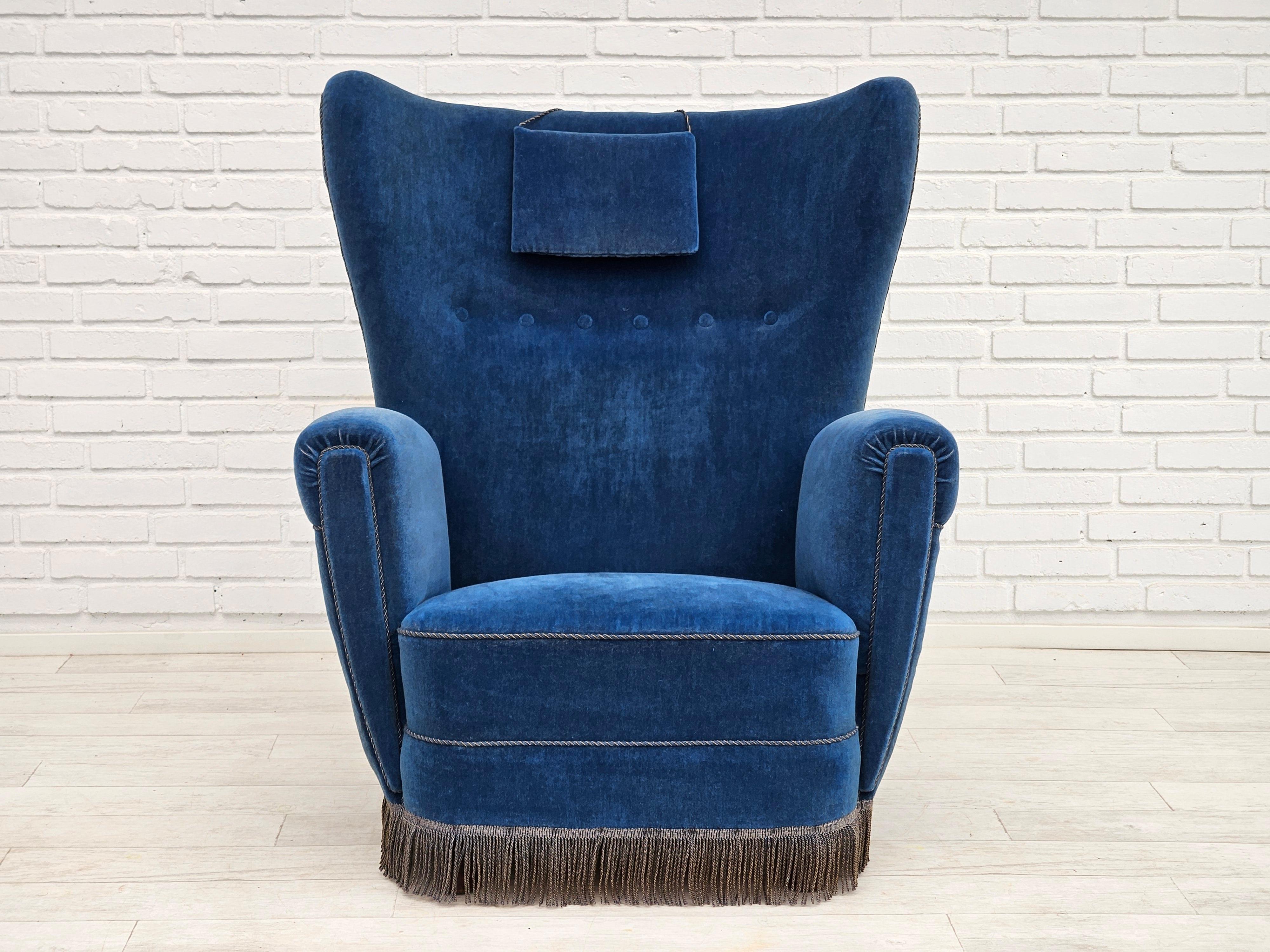 Mid-20th Century 1960s, Danish highback relax armchair, original condition, furniture velour. For Sale