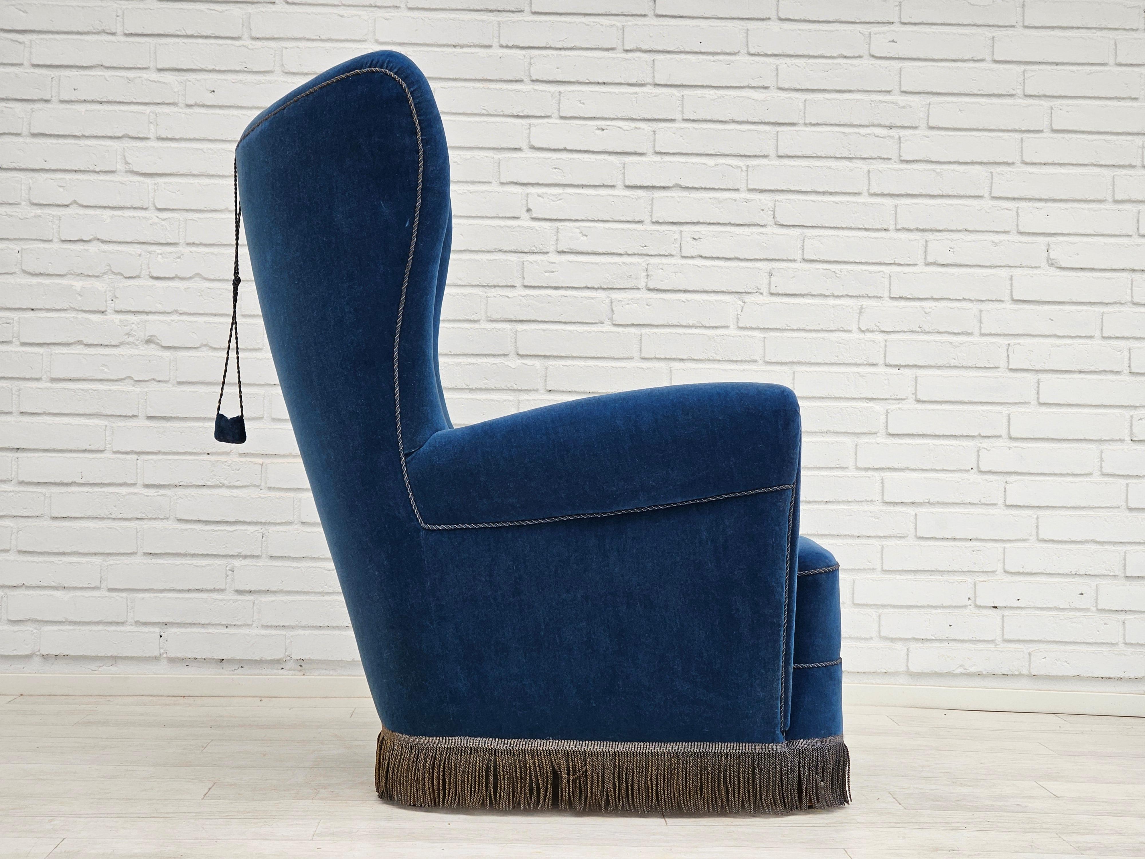 Velvet 1960s, Danish highback relax armchair, original condition, furniture velour. For Sale