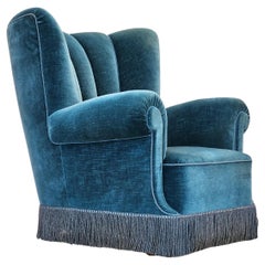 1960, poltrona relax danese con schienale alto, condizioni originali, arredamento in velluto.