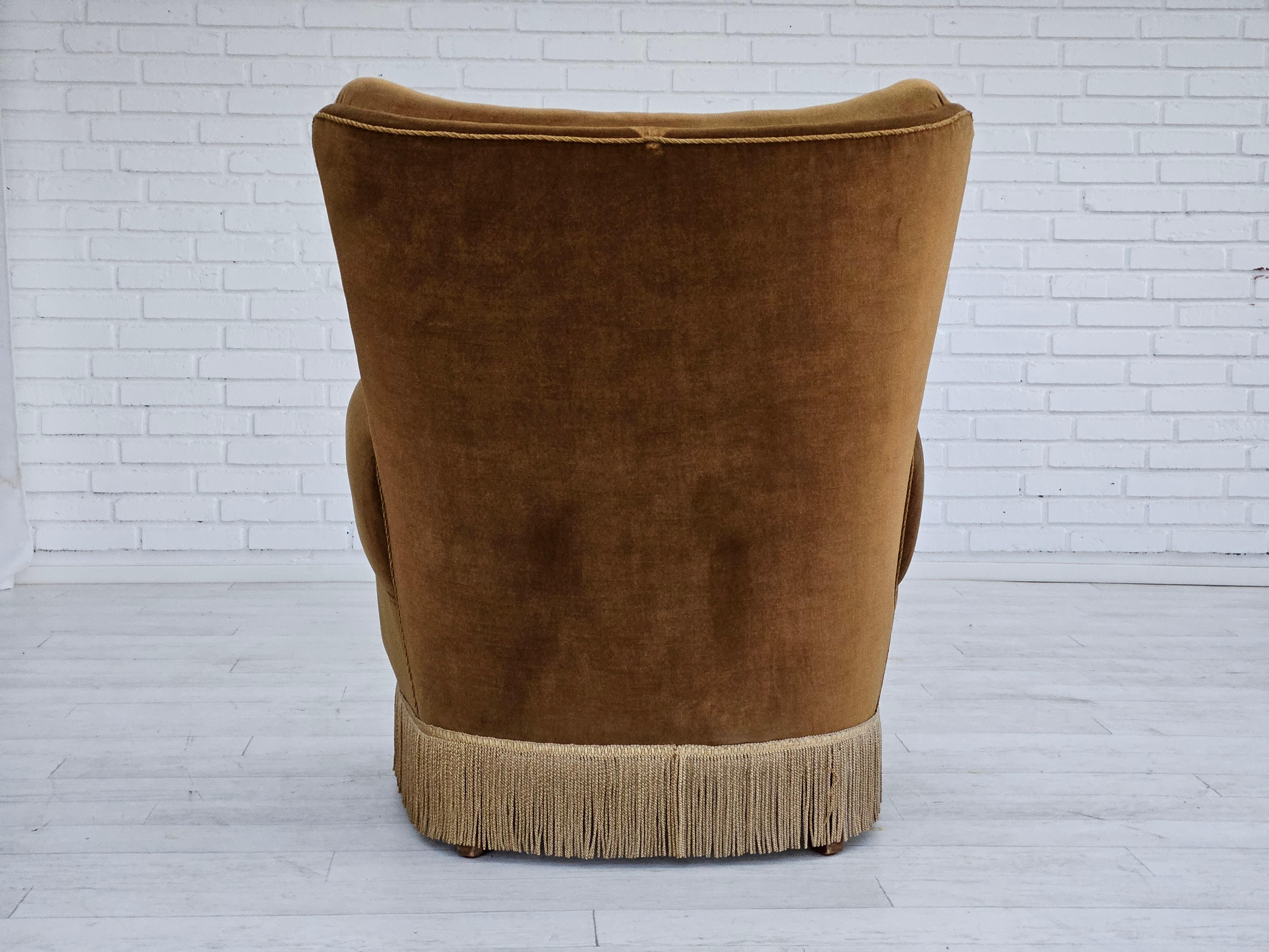 Mid-20th Century 1960s, Danish highback relax chair, original upholstery, green velour. For Sale