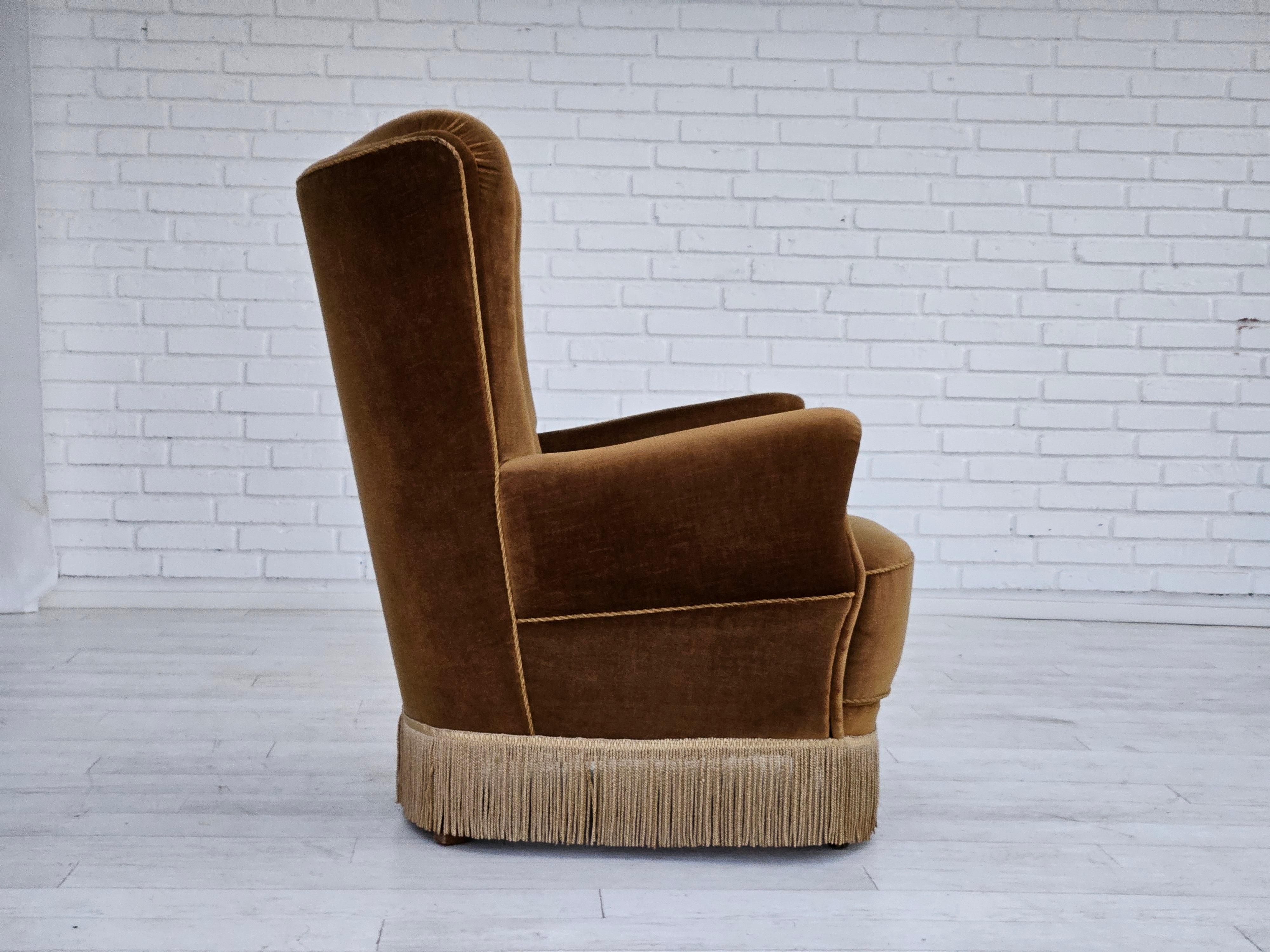 Velvet 1960s, Danish highback relax chair, original upholstery, green velour. For Sale