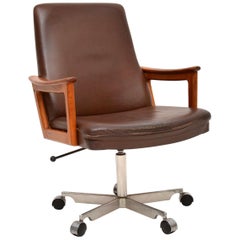 1960s Danish Leather and Teak Swivel Desk Chair