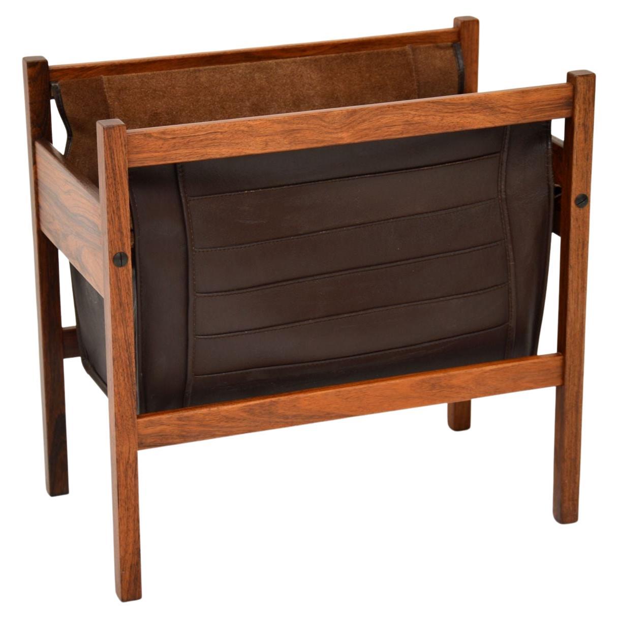 Danish Modern Rosewood and Black Leather Magazine Rack For Sale at 1stDibs