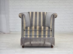 1960s, Danish lounge chair, blue/beige furniture velour, beech wood legs.