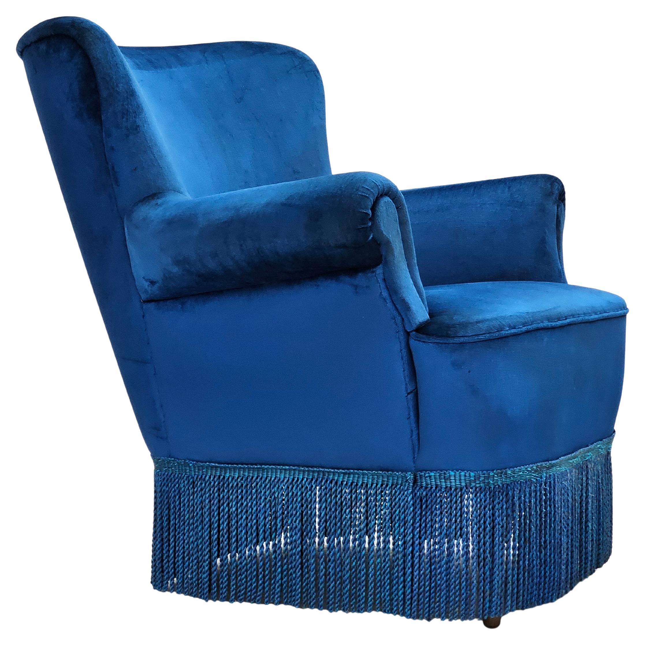 1960s, Danish lounge chair, blue furniture velour, beech wood legs.