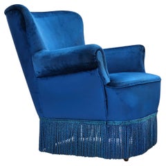 Años 60, tumbona danesa, muebles de terciopelo azul, patas de madera de haya.