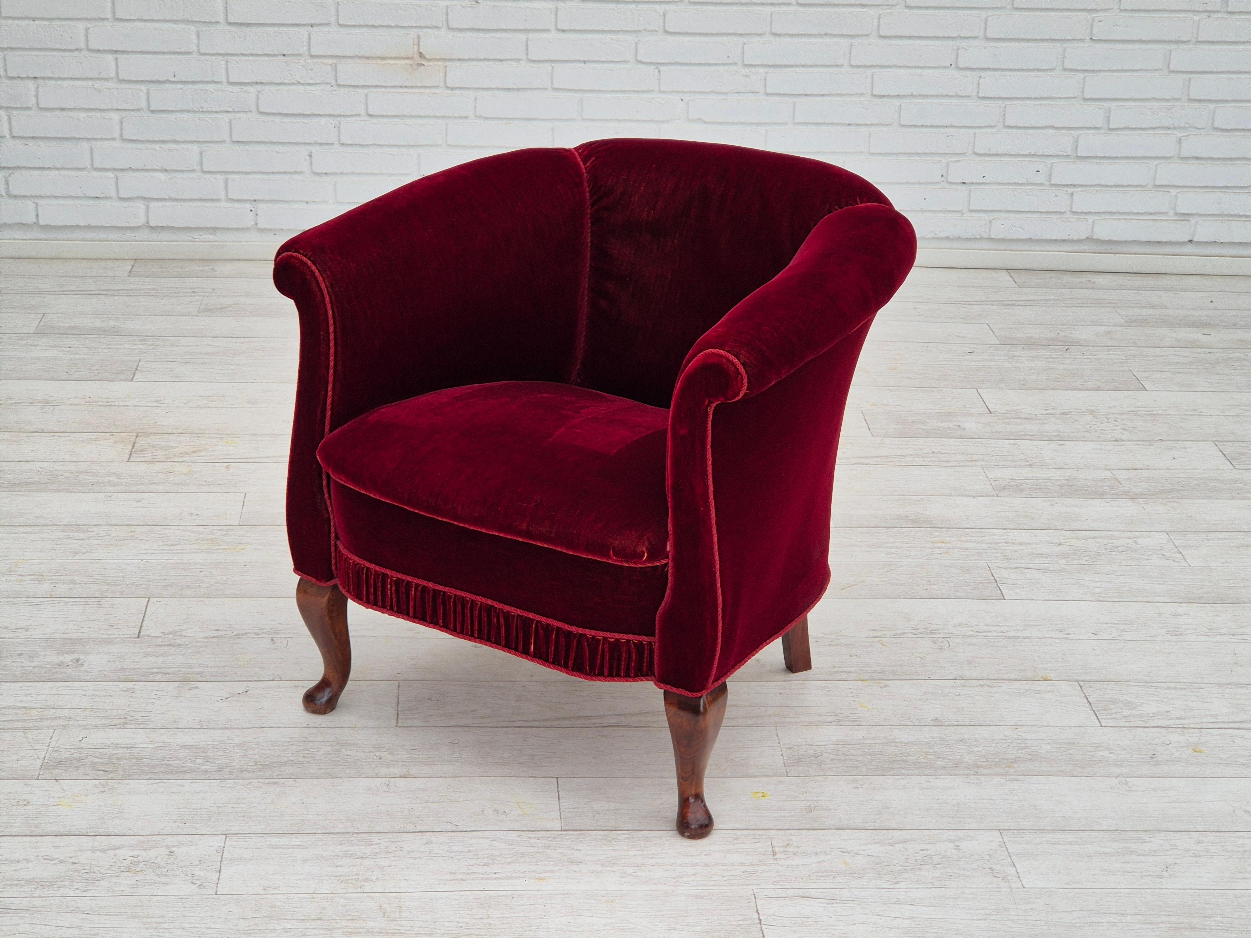 1960s, Danish lounge chair, furniture velour, original condition, beech wood. For Sale 5