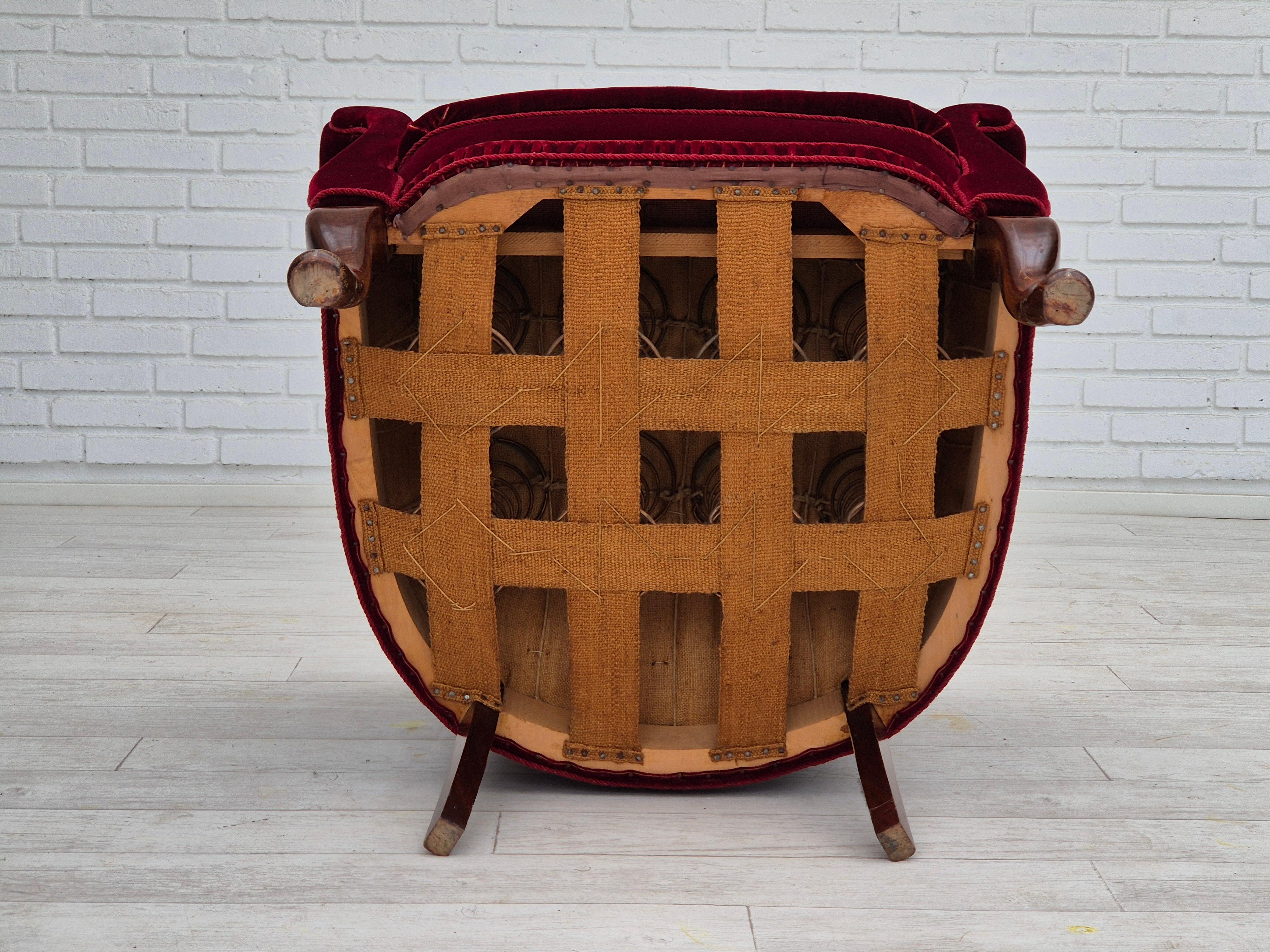1960s, Danish lounge chair, furniture velour, original condition, beech wood. For Sale 10