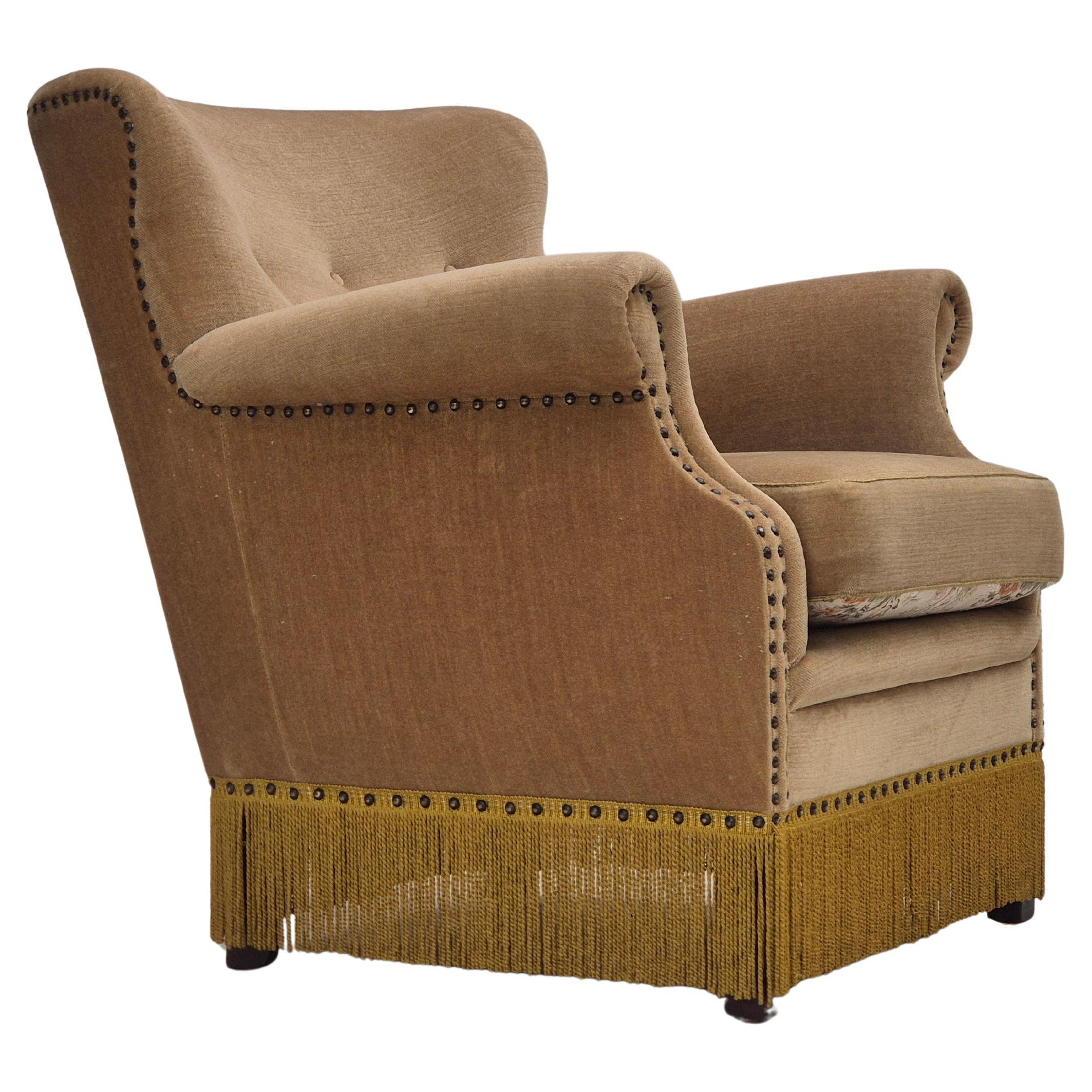 1960s, Danish lounge chair, green furniture velour, original condition.