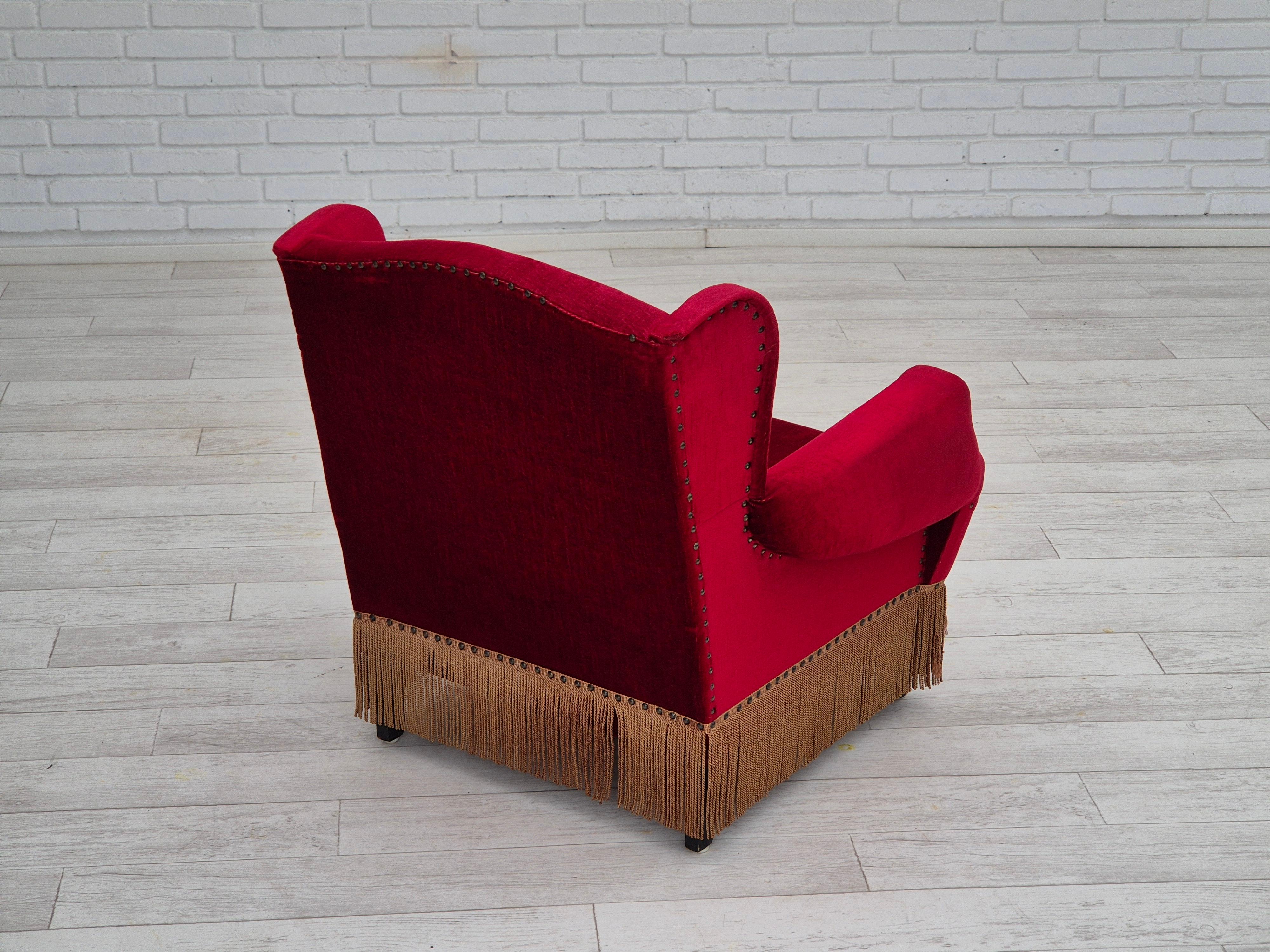 Velvet 1960s, Danish lounge chair, original, furniture velour, oak wood legs. For Sale