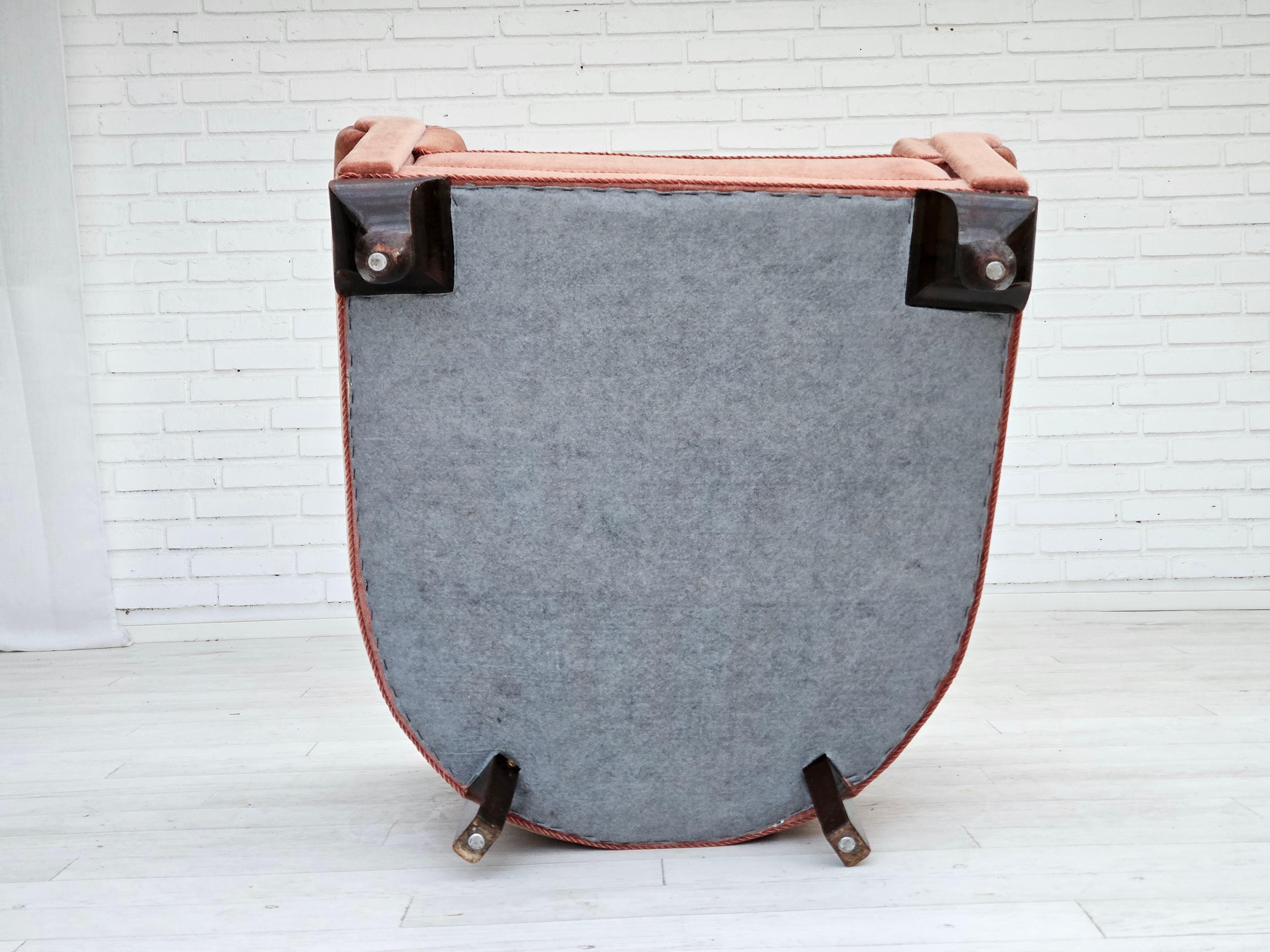 1960s, Danish lounge chair, salmon pink furniture velour, ash wood legs. For Sale 4