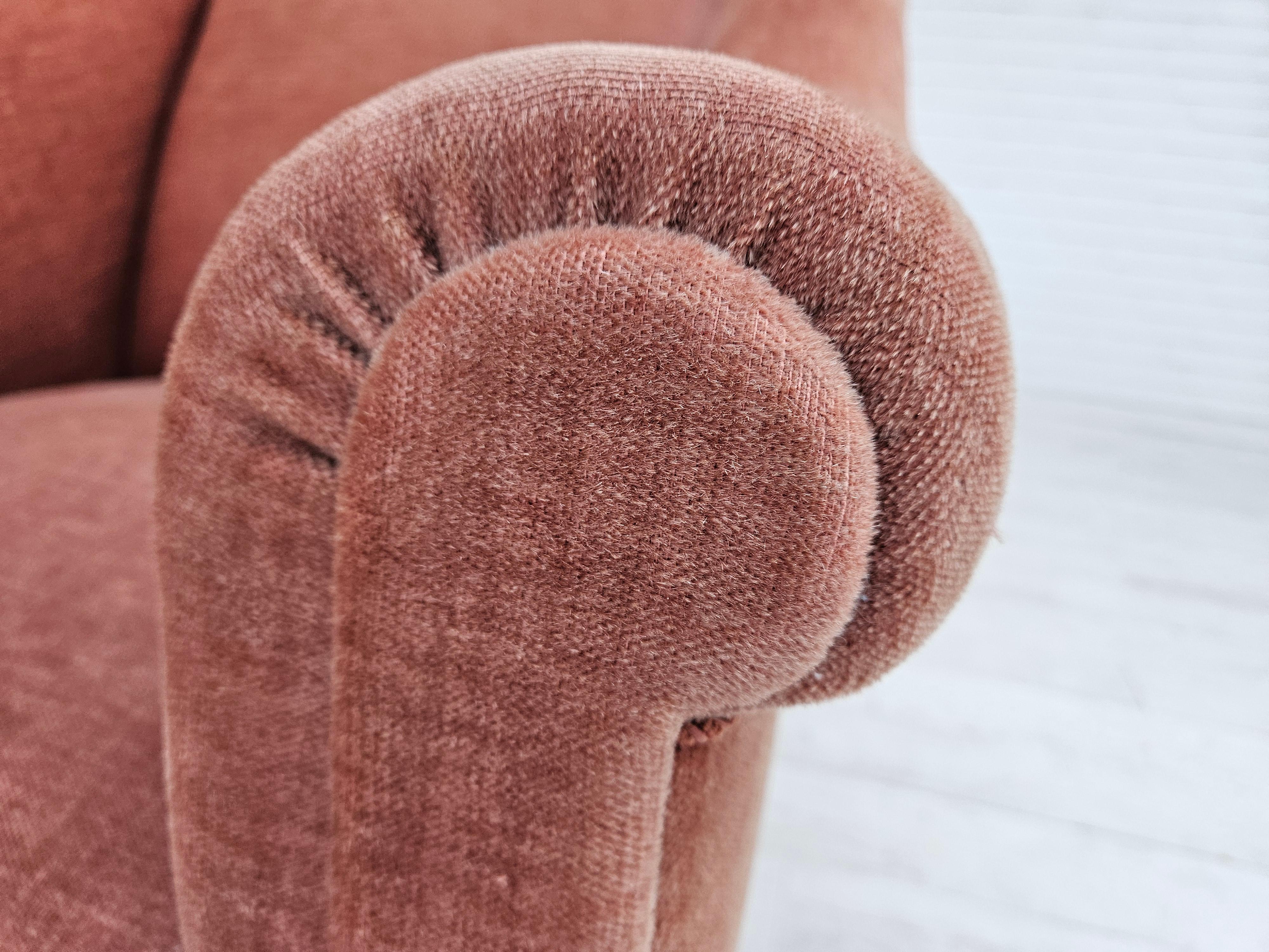 1960s, Danish lounge chair, salmon pink furniture velour, ash wood legs. For Sale 5