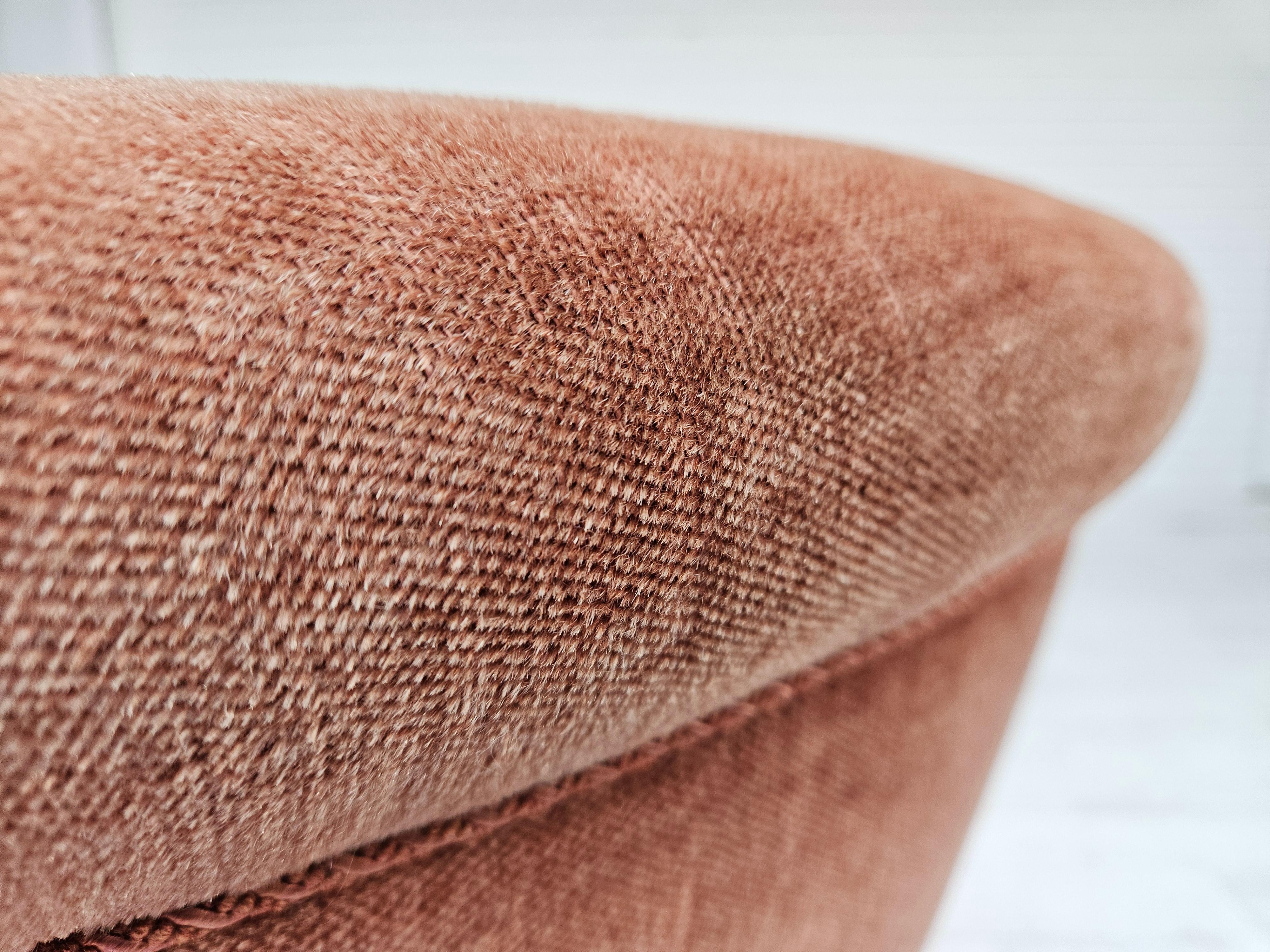 1960s, Danish lounge chair, salmon pink furniture velour, ash wood legs. For Sale 7