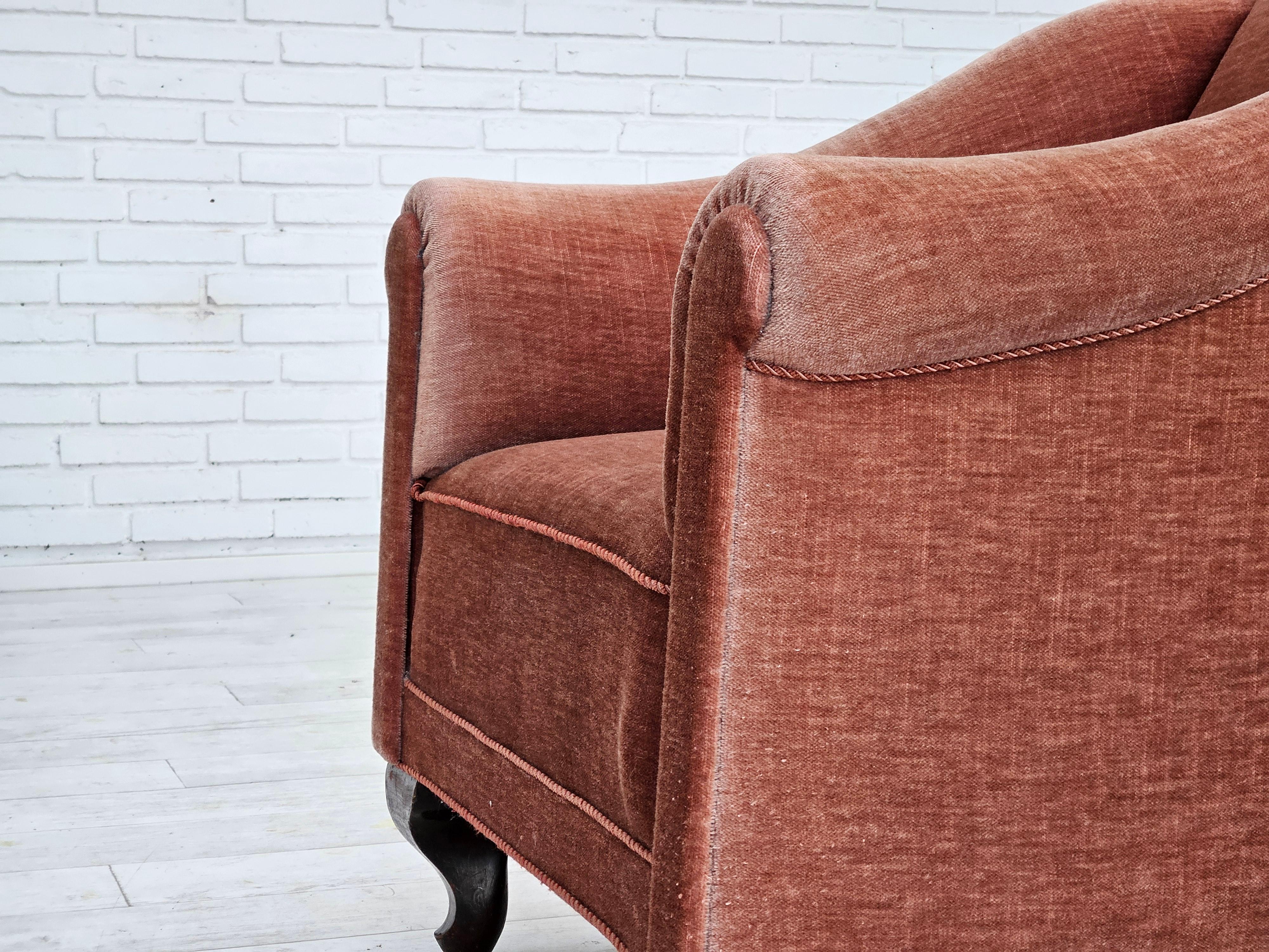 1960s, Danish lounge chair, salmon pink furniture velour, ash wood legs. For Sale 8