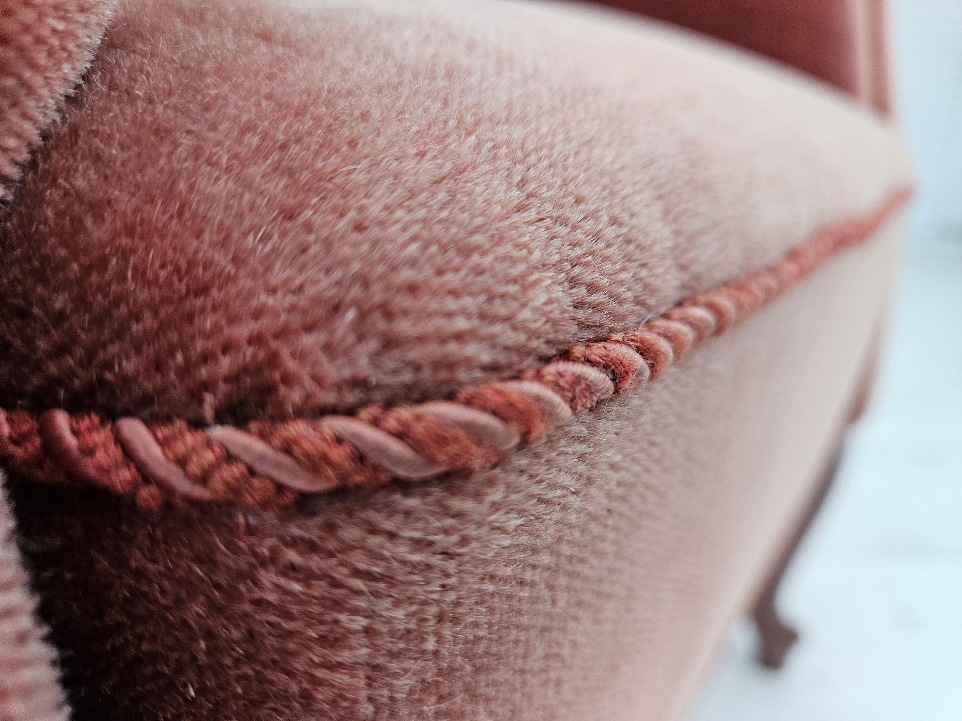 1960s, Danish lounge chair, salmon pink furniture velour, ash wood legs. For Sale 8