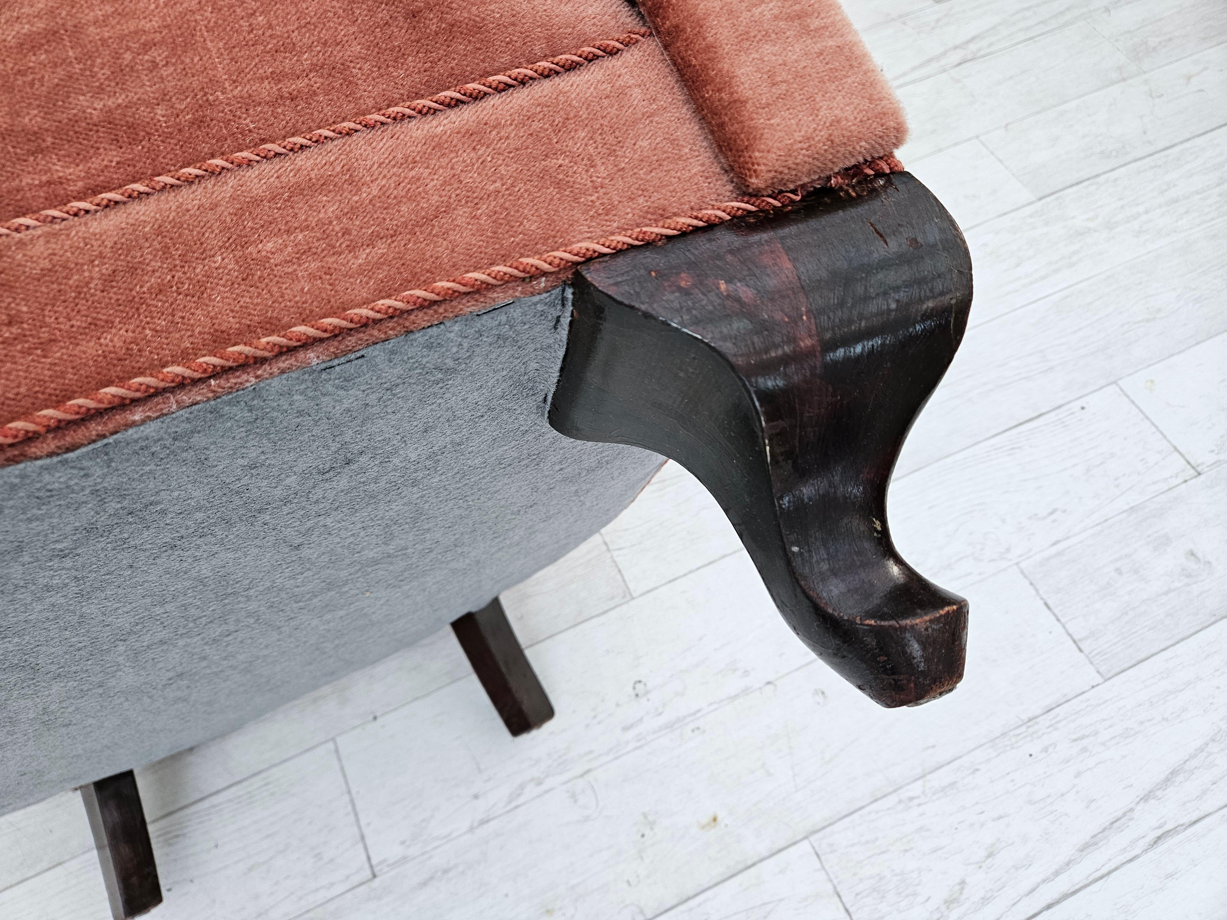 1960s, Danish lounge chair, salmon pink furniture velour, ash wood legs. For Sale 10