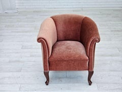 1960s, Danish lounge chair, salmon pink furniture velour, ash wood legs.