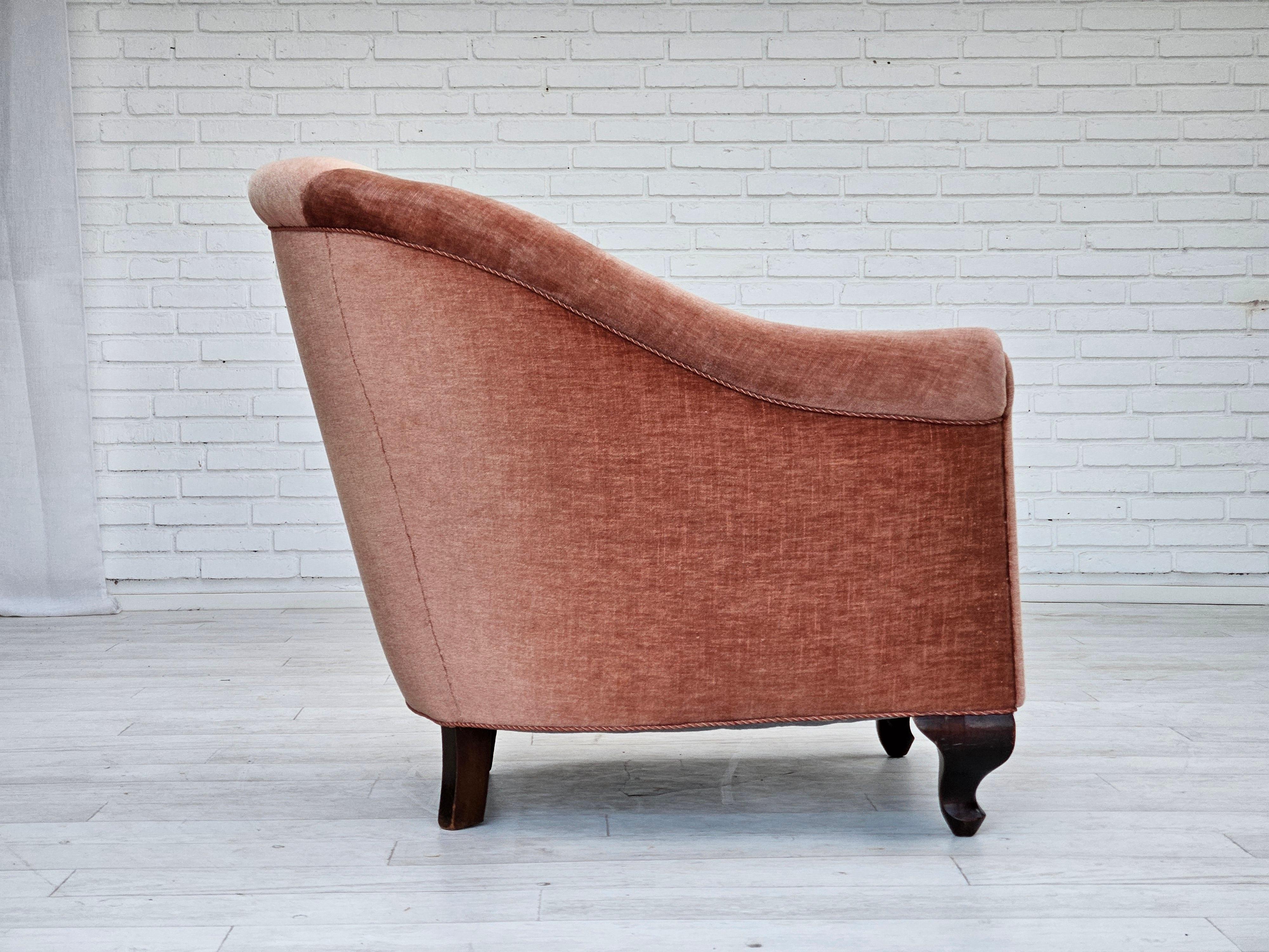 Mid-20th Century 1960s, Danish lounge chair, salmon pink furniture velour, ash wood legs. For Sale