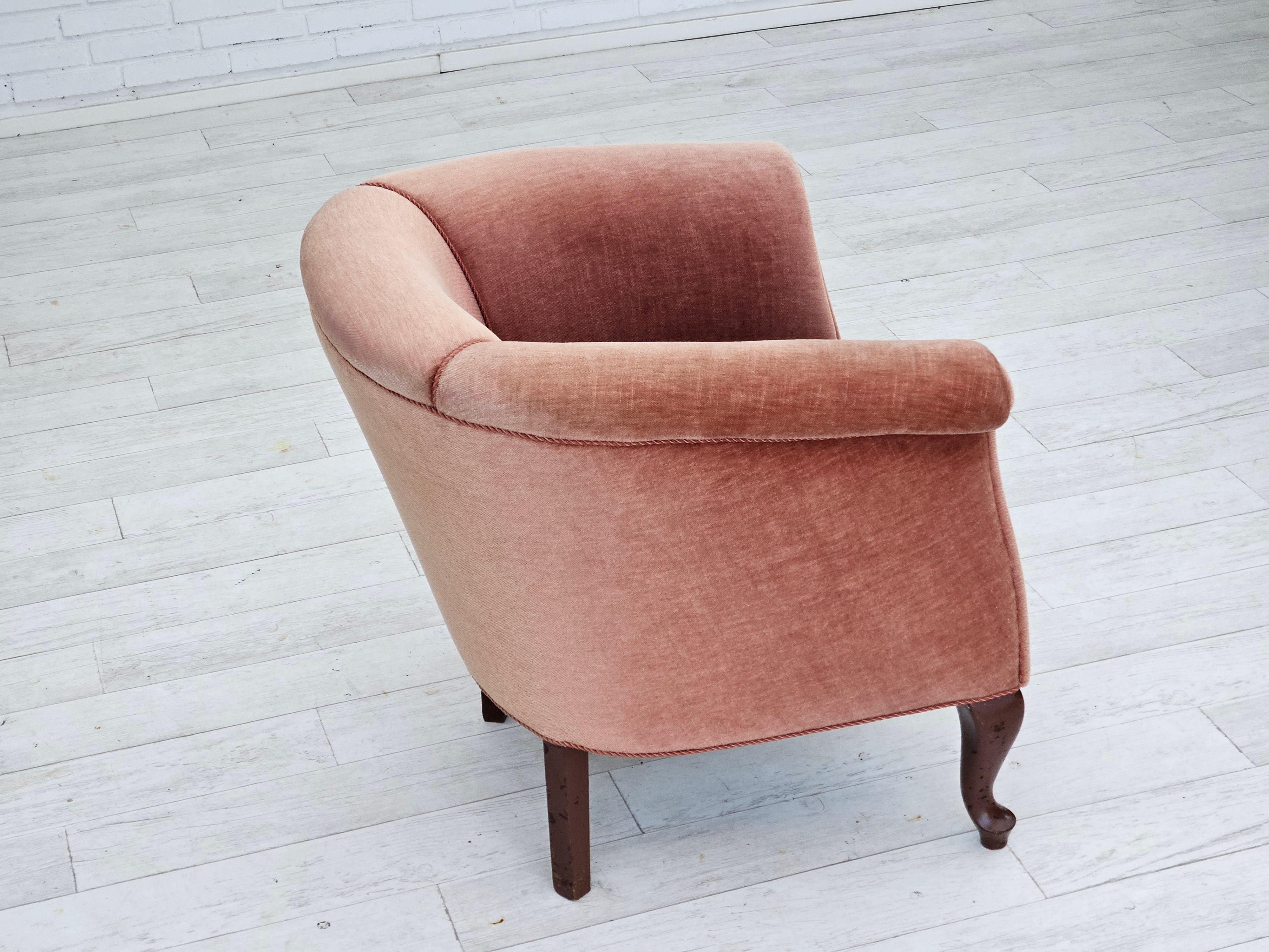 Mid-20th Century 1960s, Danish lounge chair, salmon pink furniture velour, ash wood legs. For Sale