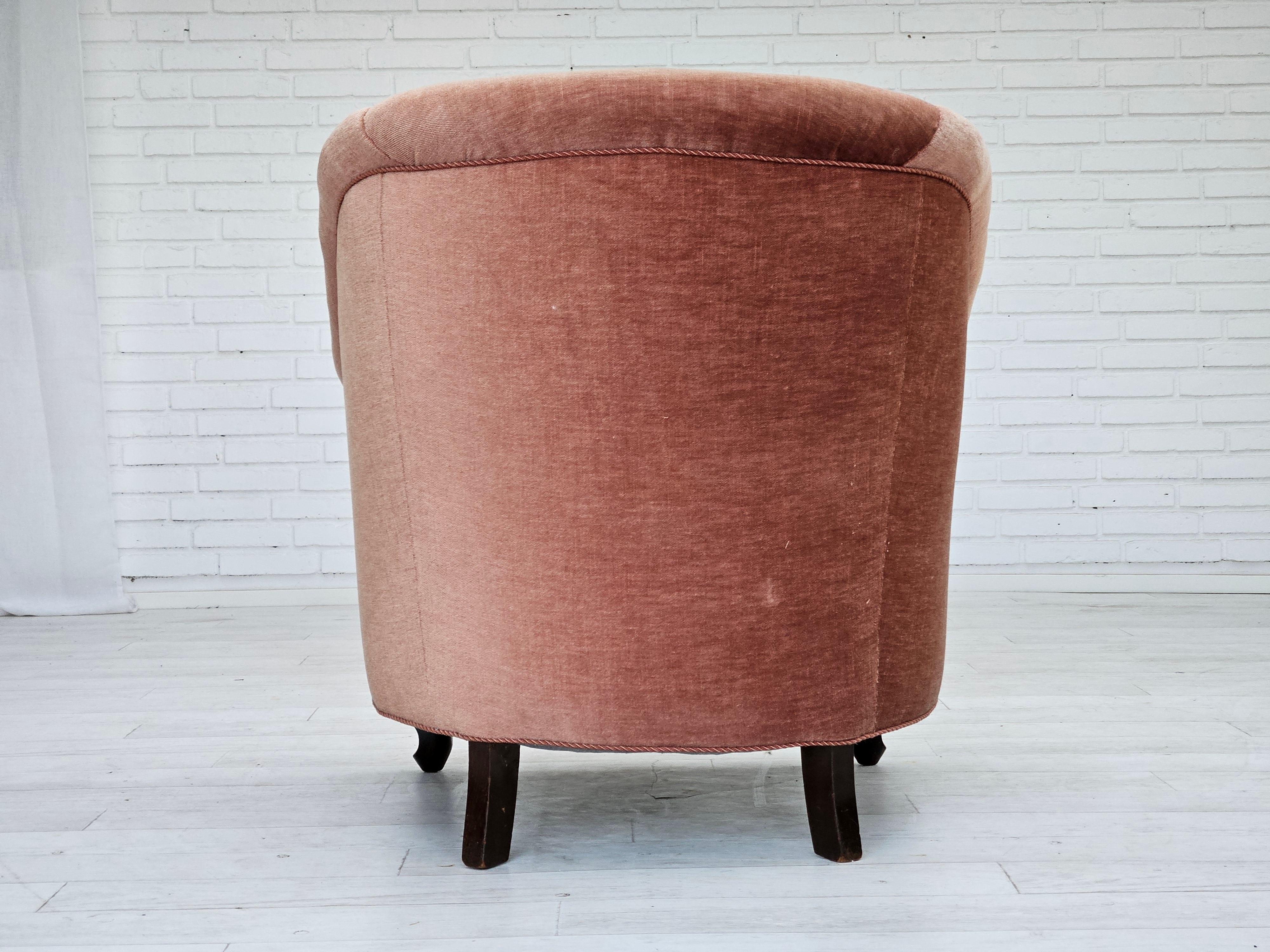 Velvet 1960s, Danish lounge chair, salmon pink furniture velour, ash wood legs. For Sale