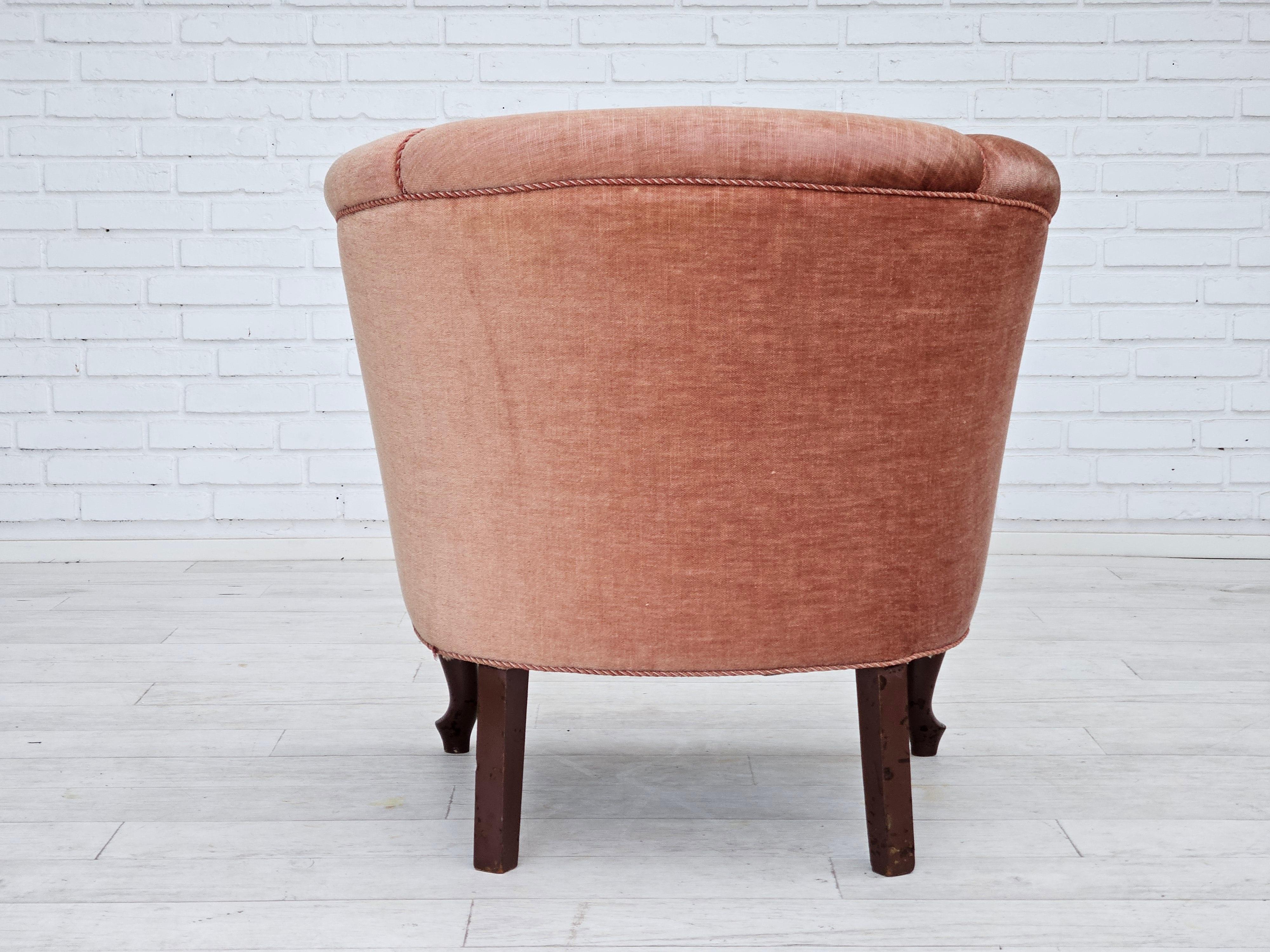 Velvet 1960s, Danish lounge chair, salmon pink furniture velour, ash wood legs. For Sale