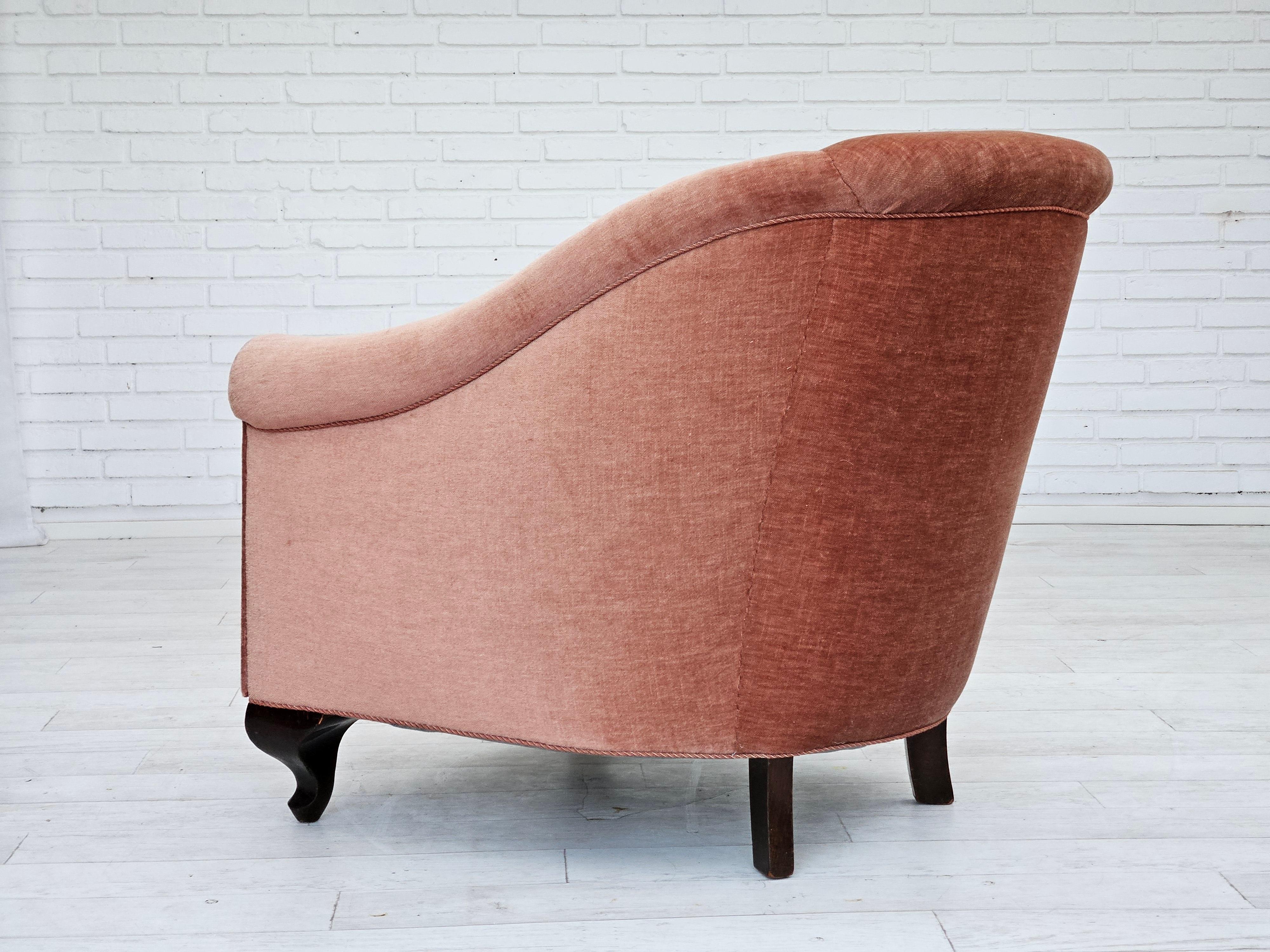 1960s, Danish lounge chair, salmon pink furniture velour, ash wood legs. For Sale 1