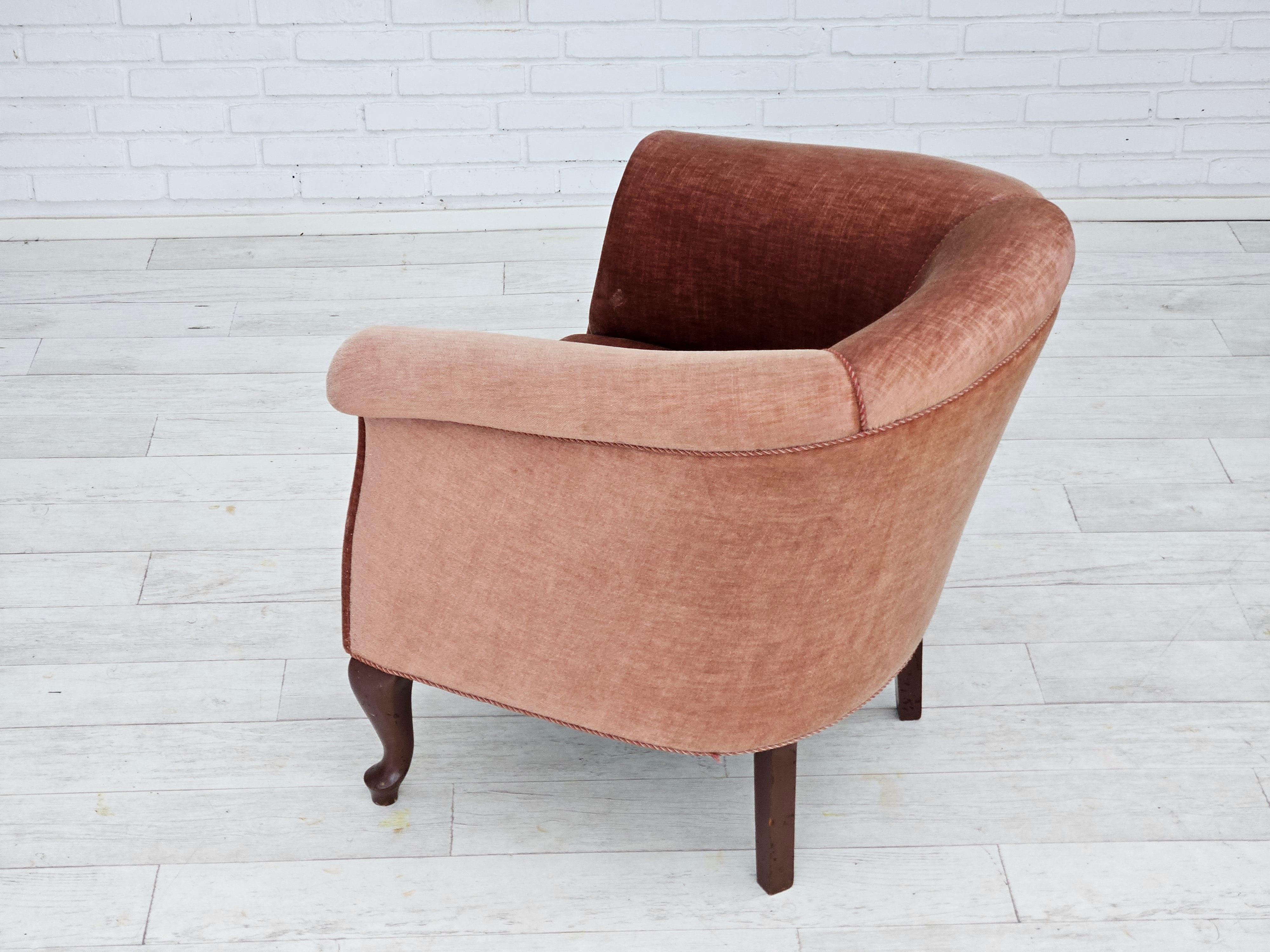 1960s, Danish lounge chair, salmon pink furniture velour, ash wood legs. For Sale 1