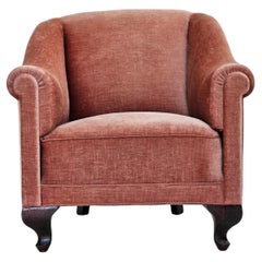 1960s, Danish lounge chair, salmon pink furniture velour, ash wood legs.