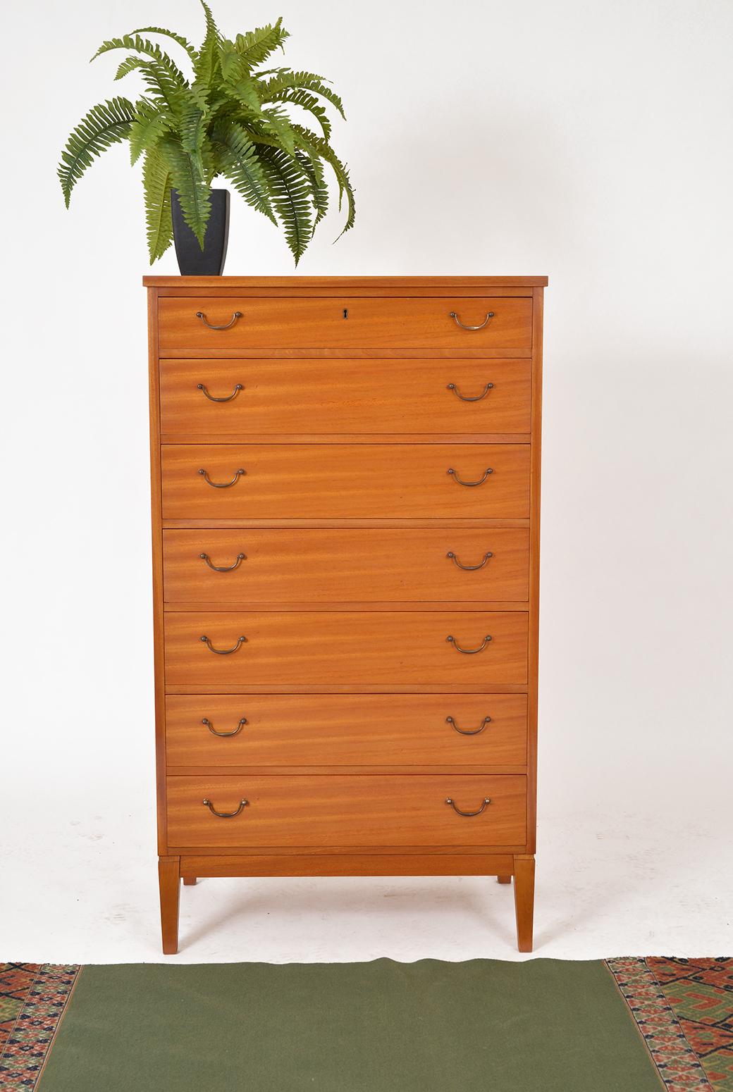 Brass 1960s Danish Mahogany Tall Boy Chest of Drawers by Søborg Møbelfabrik Midcentury