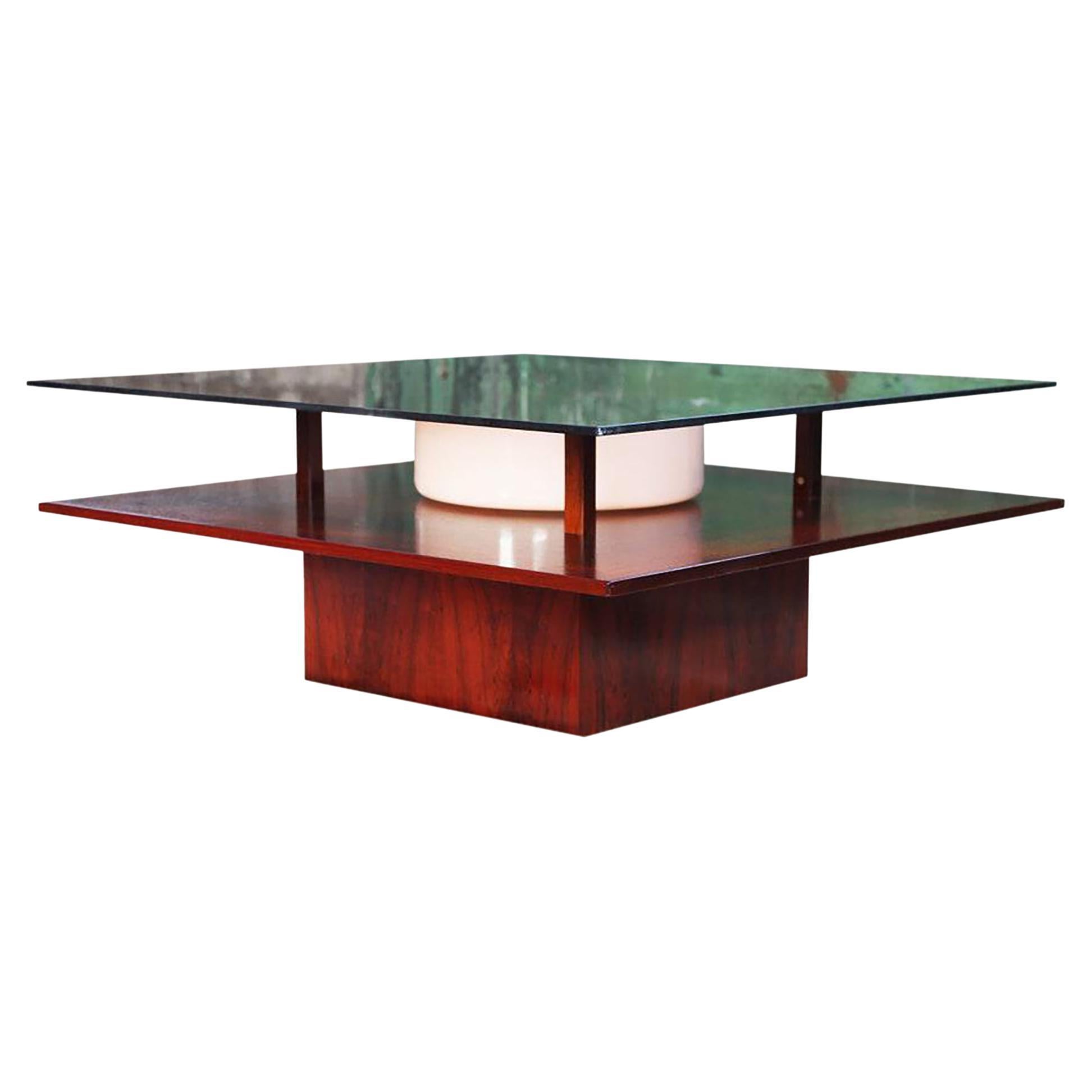 1960s Danish MCM Rosewood & Smoked Glass Lighted Cocktail Coffee Table For Sale