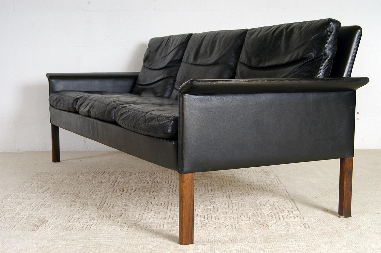 Rosewood 1960s Danish Midcentury Leather Sofa by Hans Olsen for Christian Sorensen