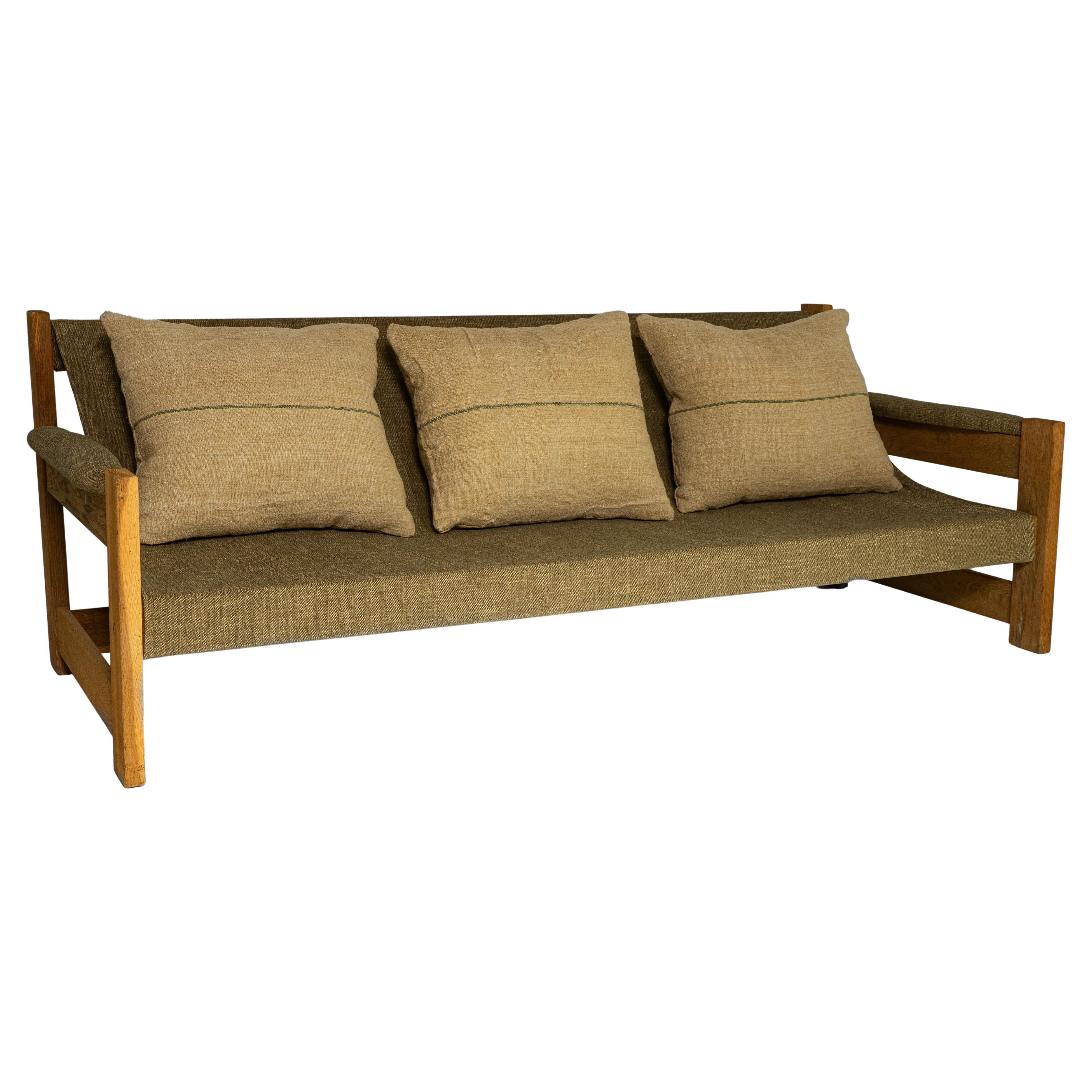 1960s Danish Mid-Century Oak Frame Sling Sofa With Upholstered Cushions