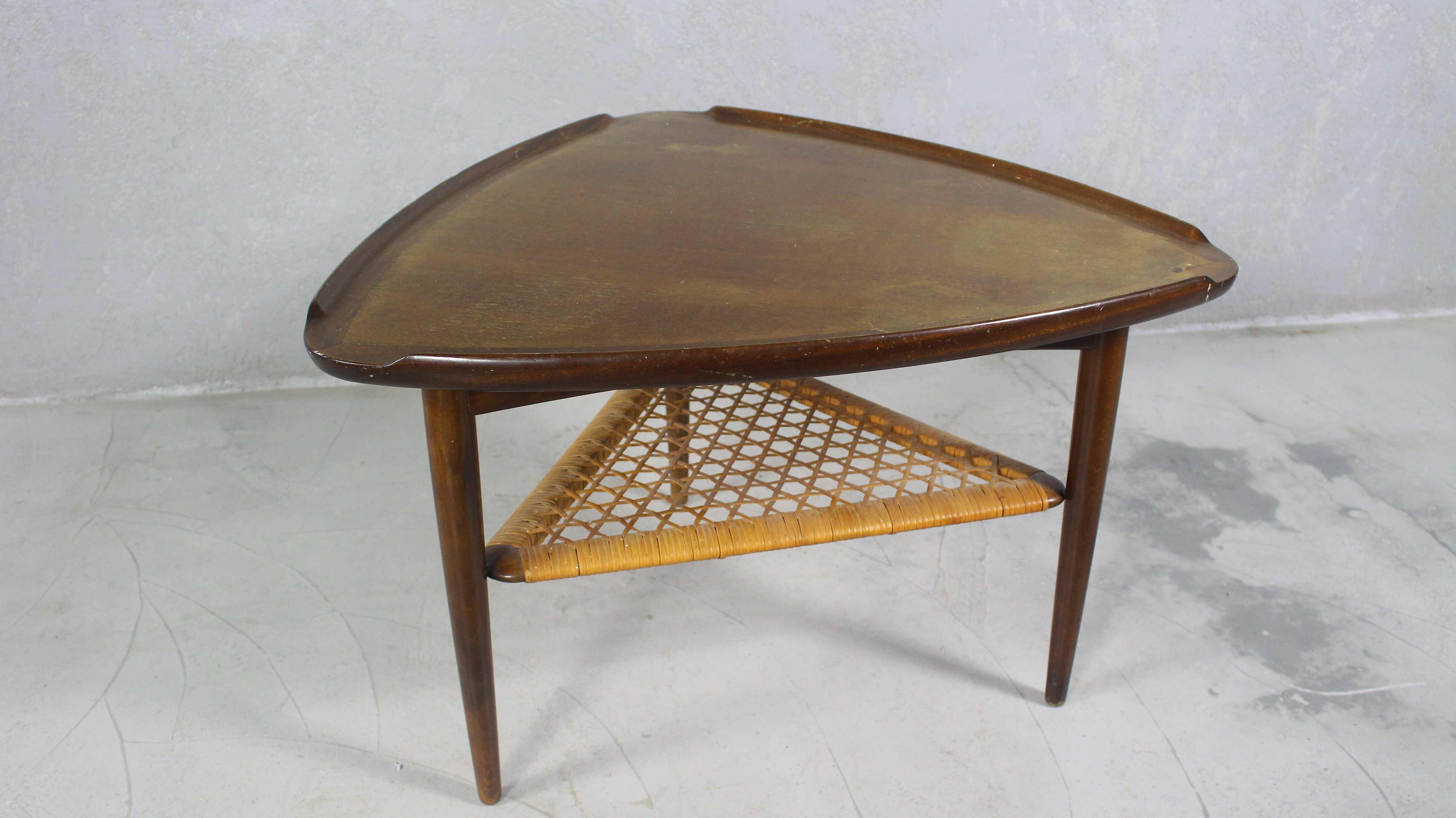 Danish 1960s Poul Jensen for Selig Walnut and Woven Cane Guitar Pick Tables For Sale