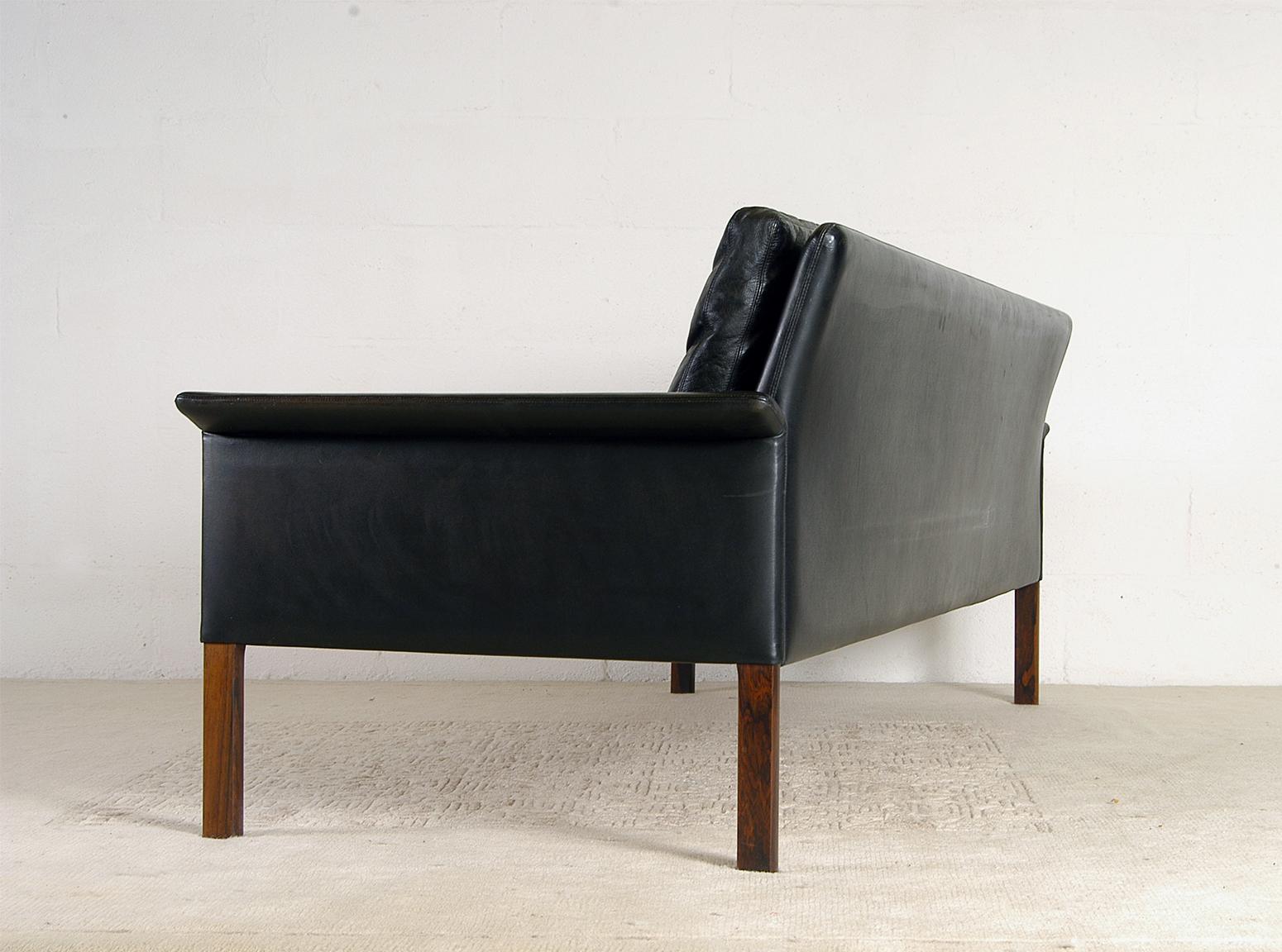 1960s Danish Midcentury Black Leather Sofa by Hans Olsen for Christian Sorensen In Good Condition In Sherborne, Dorset