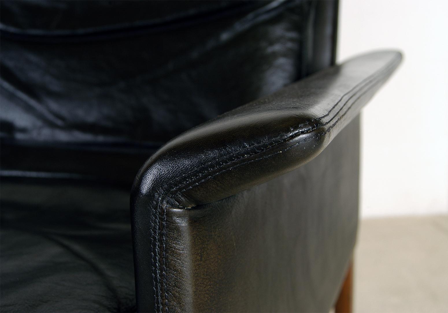 Hardwood 1960s Danish Midcentury Black Leather Sofa by Hans Olsen for Christian Sorensen