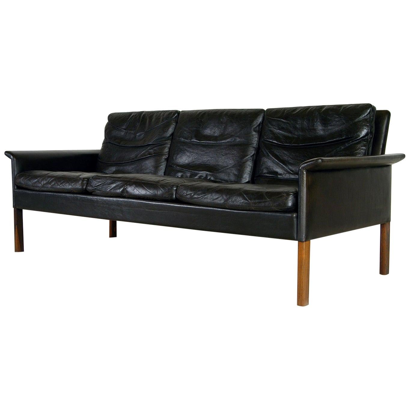 1960s Danish Midcentury Black Leather Sofa by Hans Olsen for Christian Sorensen