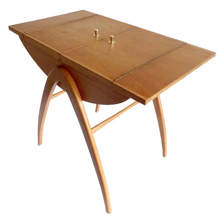 1960s Danish Modern Birch Side Table With Storage Chest Arched Compass Legs