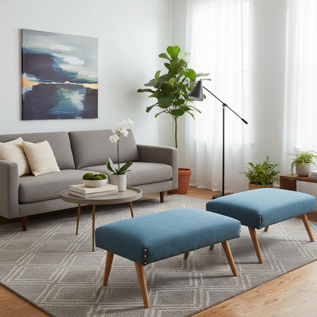 Otomanas Tapizadas Danesas Modernas Azul de los Años 60 Reposapiés - Pareja Moderno de mediados de siglo en venta