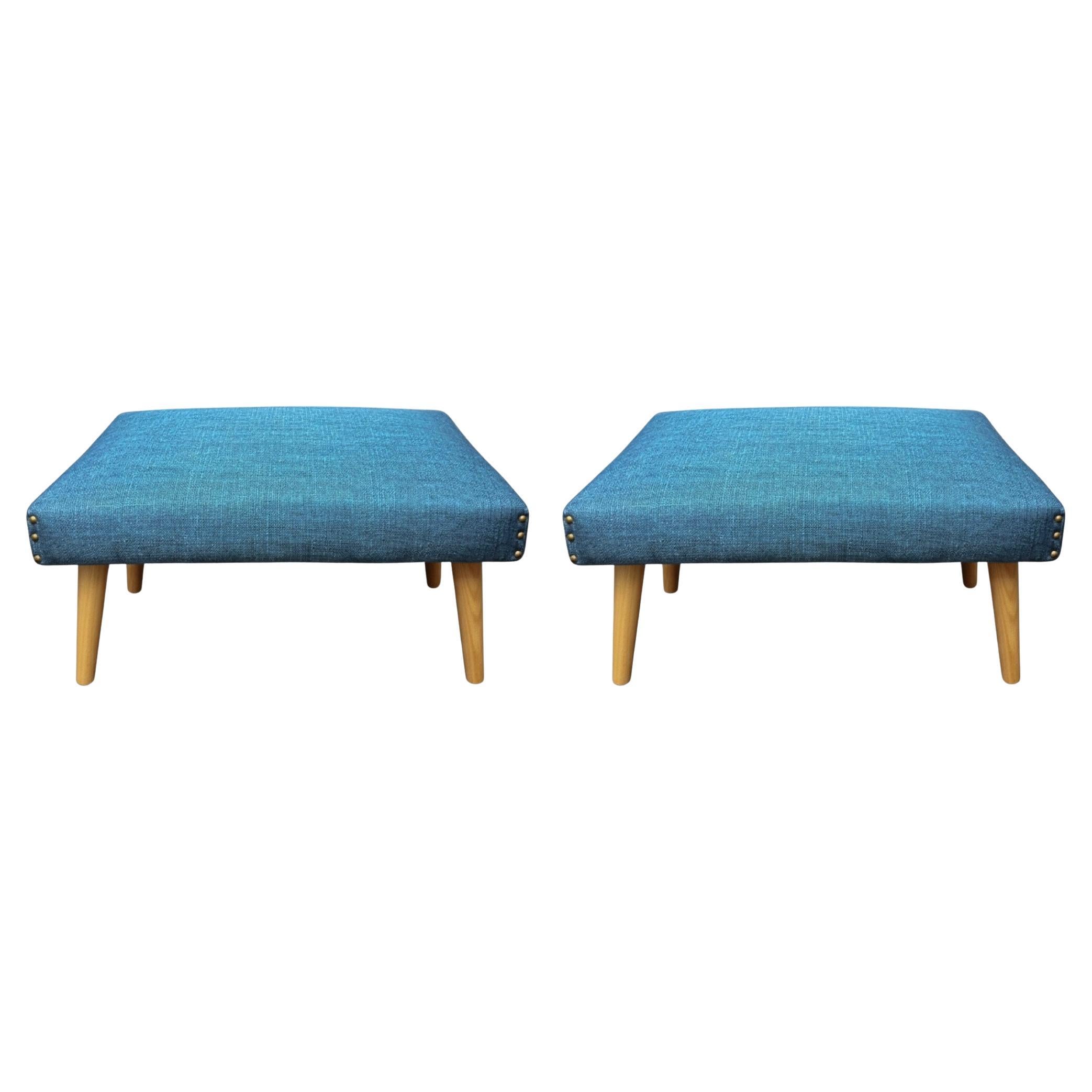 1960s Danish Modern Blue Upholstered Ottomans Footstools - Pair