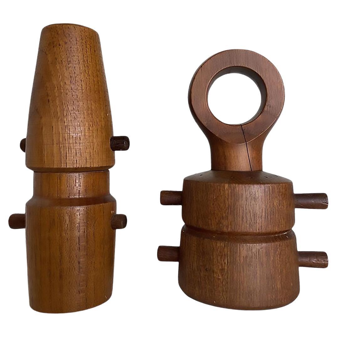 1960s Danish Modern Carved Teak Pepper Grinder Set by Jens Quistgaard For Sale