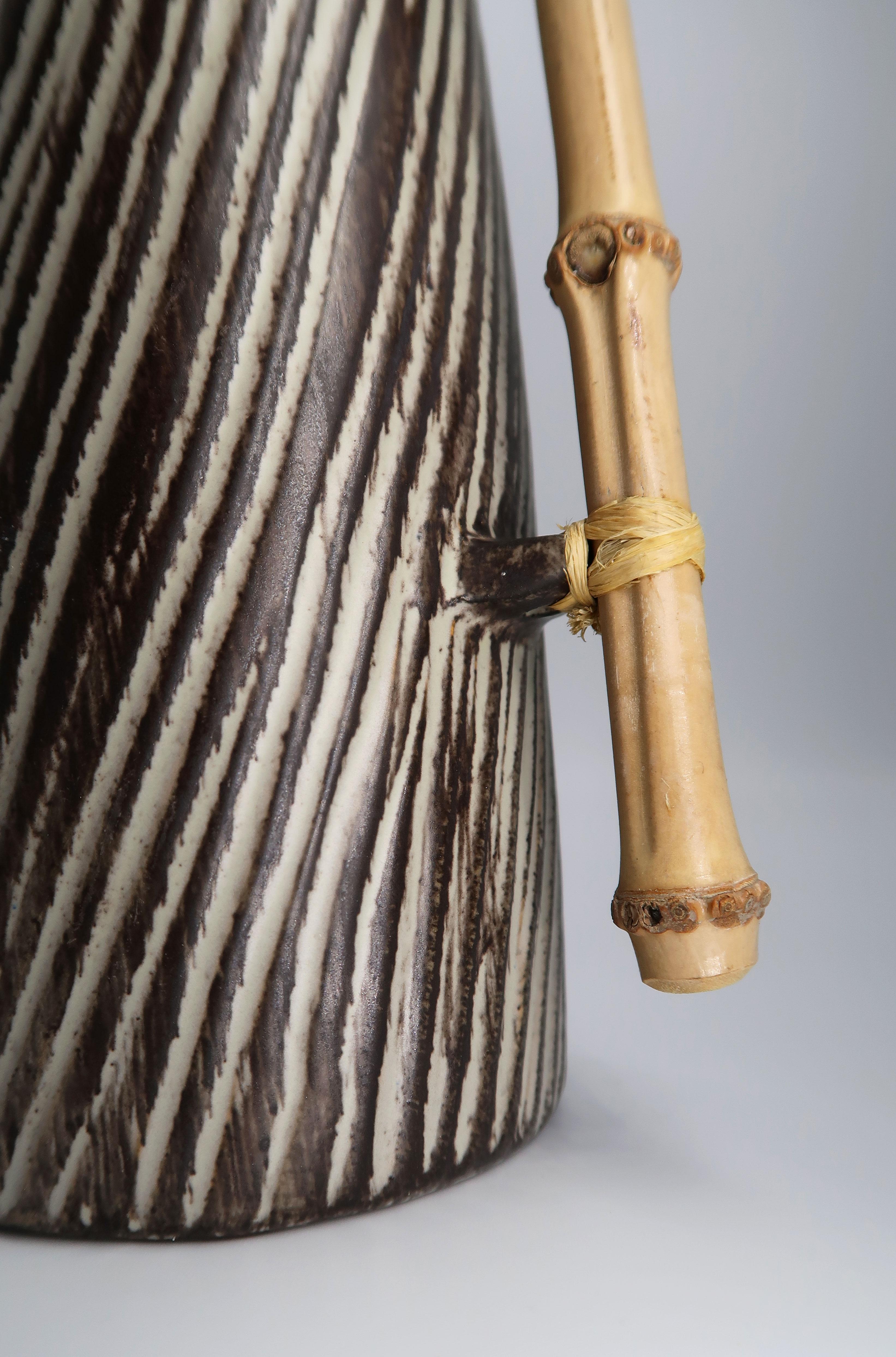 1960s Danish Modern Ceramic Pitcher Vase with Bamboo Handle by Jette Hellerøe 4