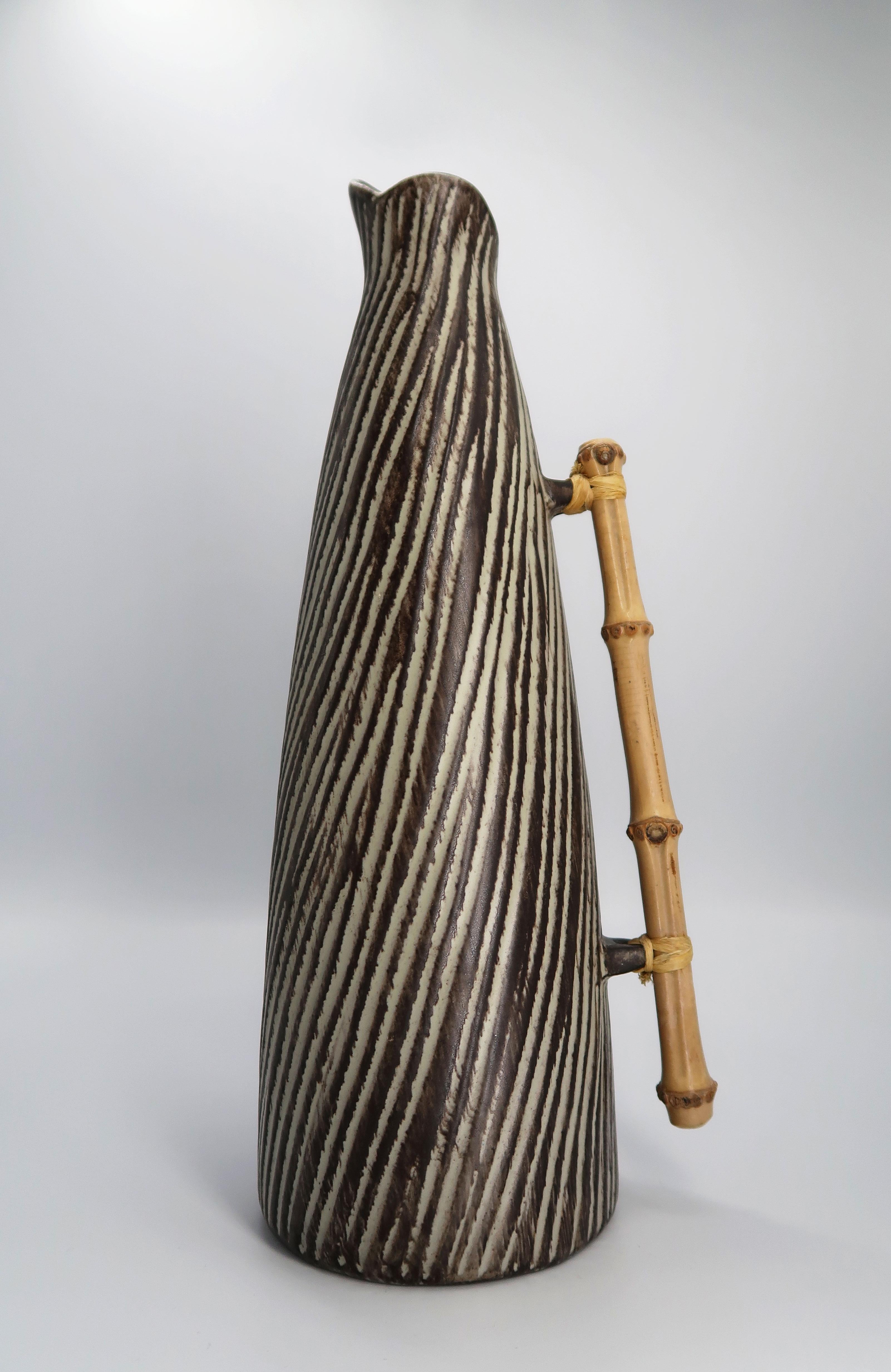 Mid-Century Modern 1960s Danish Modern Ceramic Pitcher Vase with Bamboo Handle by Jette Hellerøe