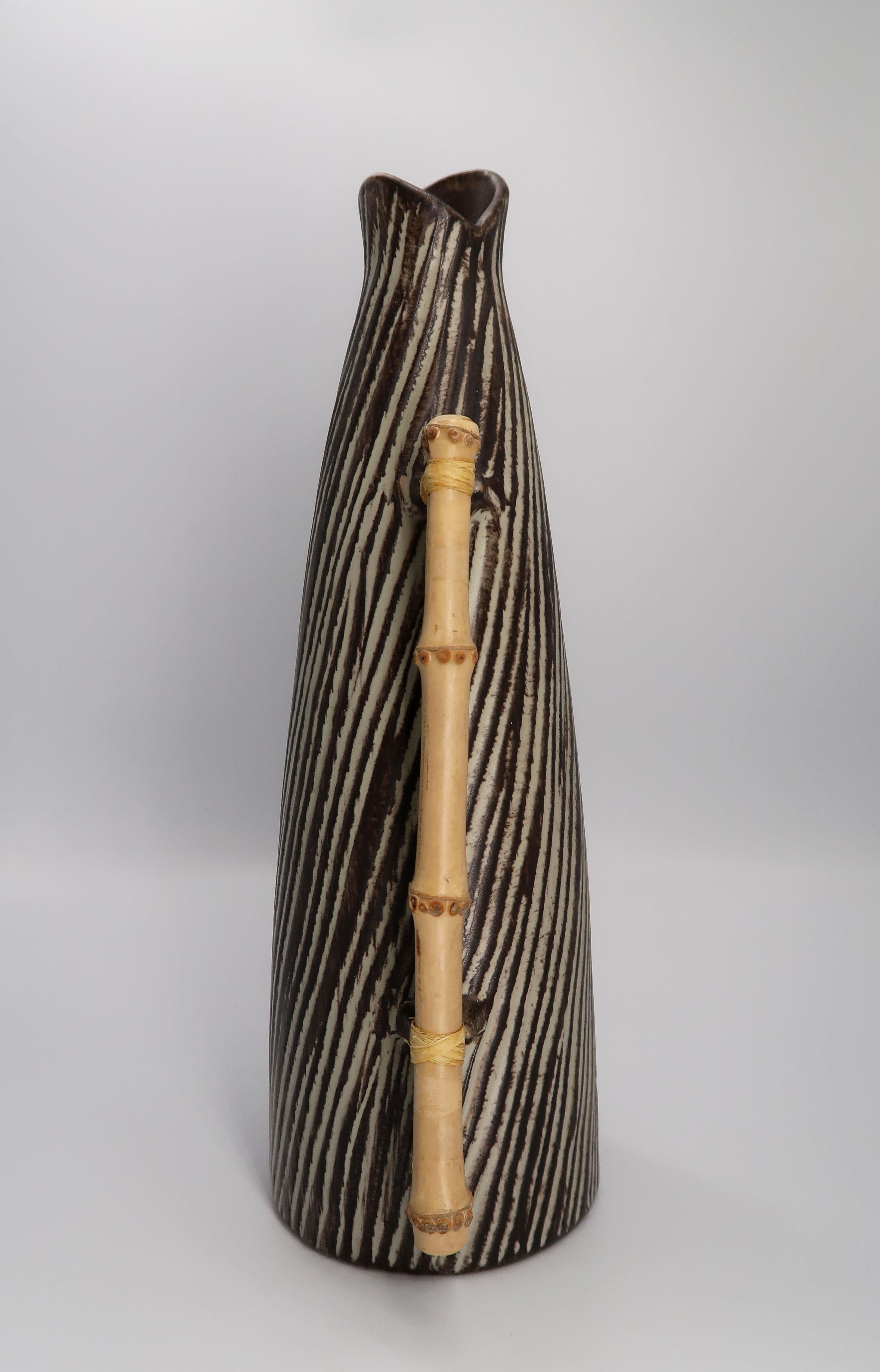 Glazed 1960s Danish Modern Ceramic Pitcher Vase with Bamboo Handle by Jette Hellerøe