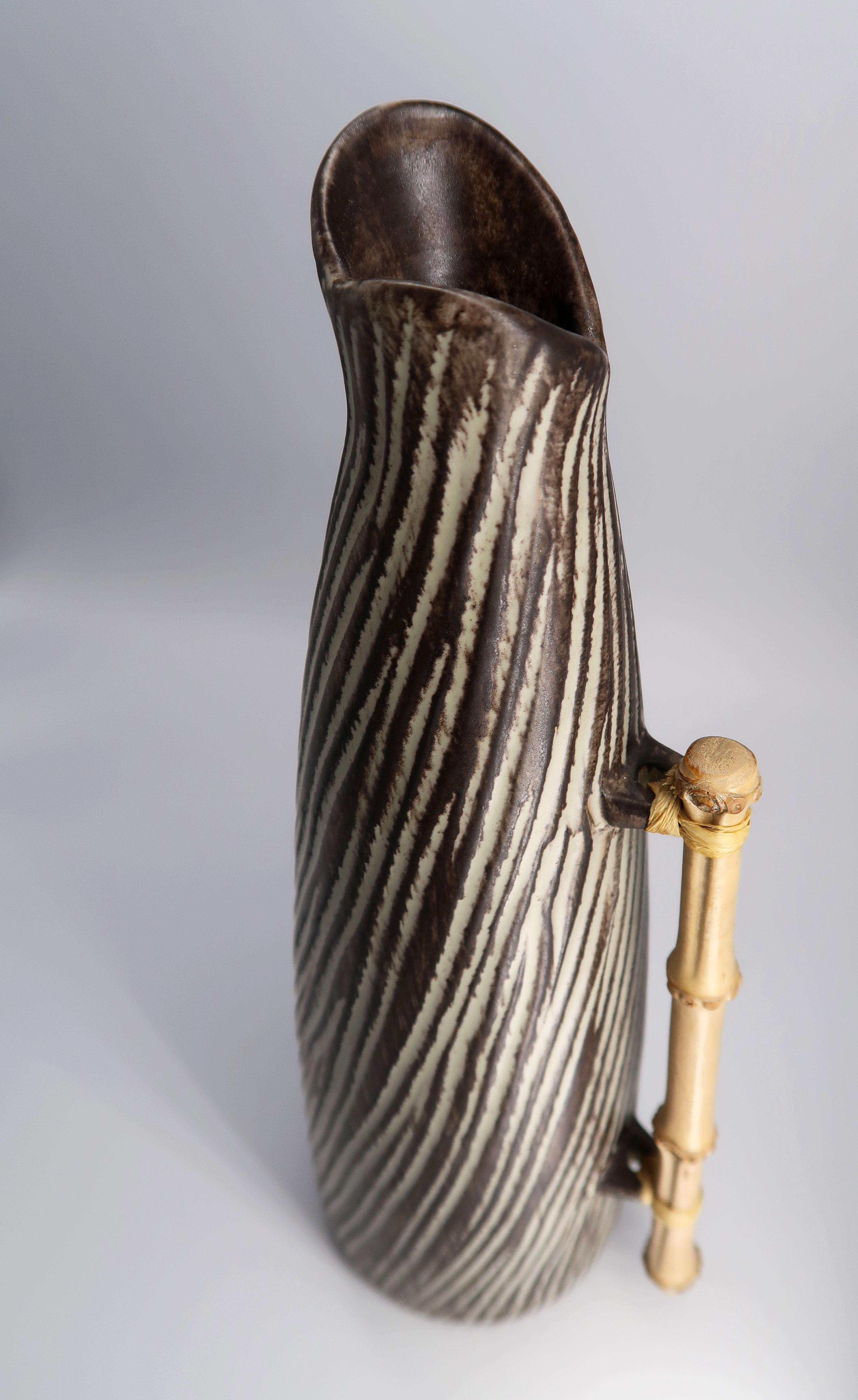 1960s Danish Modern Ceramic Pitcher Vase with Bamboo Handle by Jette Hellerøe In Good Condition In Copenhagen, DK