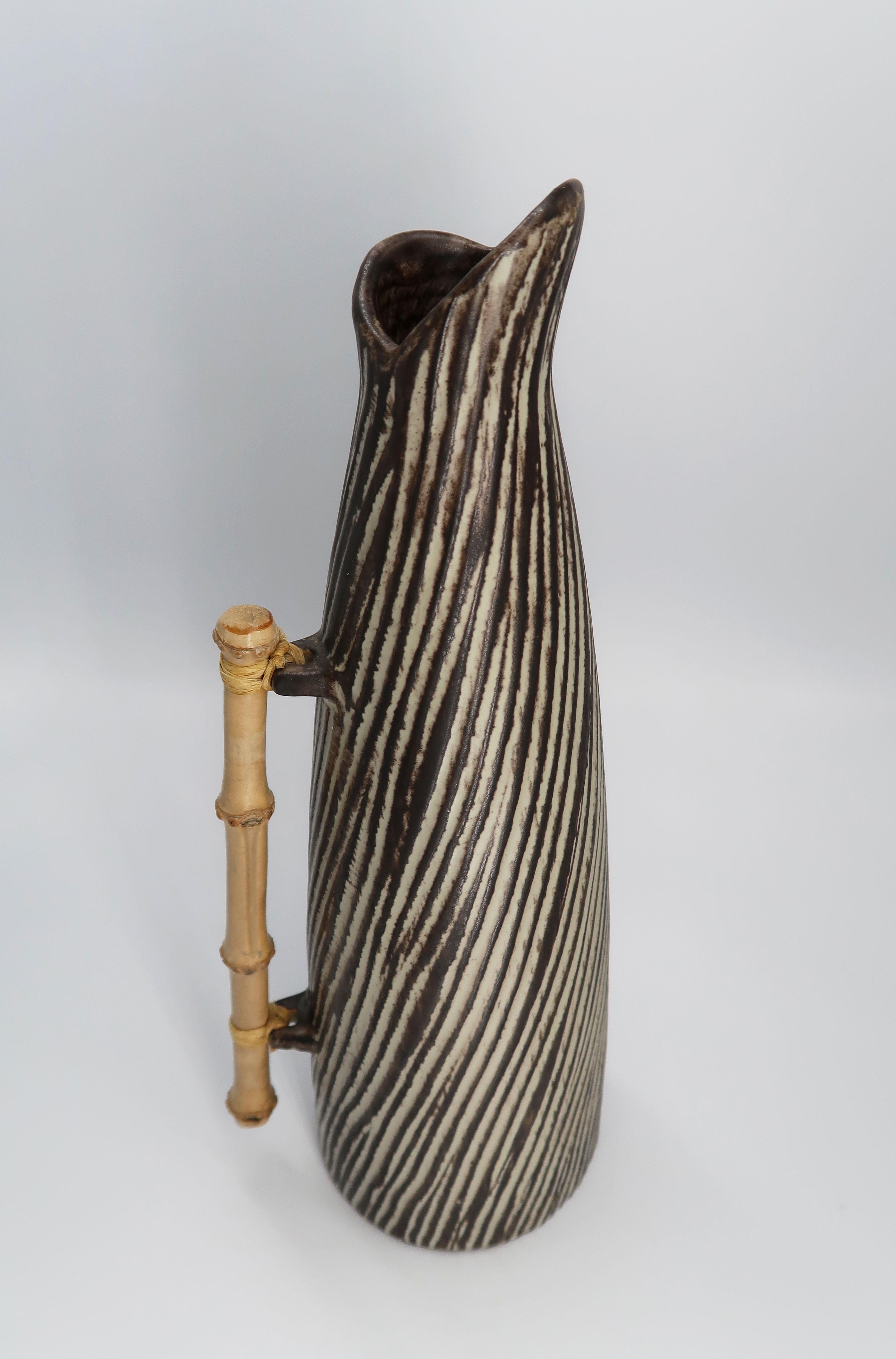 Mid-20th Century 1960s Danish Modern Ceramic Pitcher Vase with Bamboo Handle by Jette Hellerøe