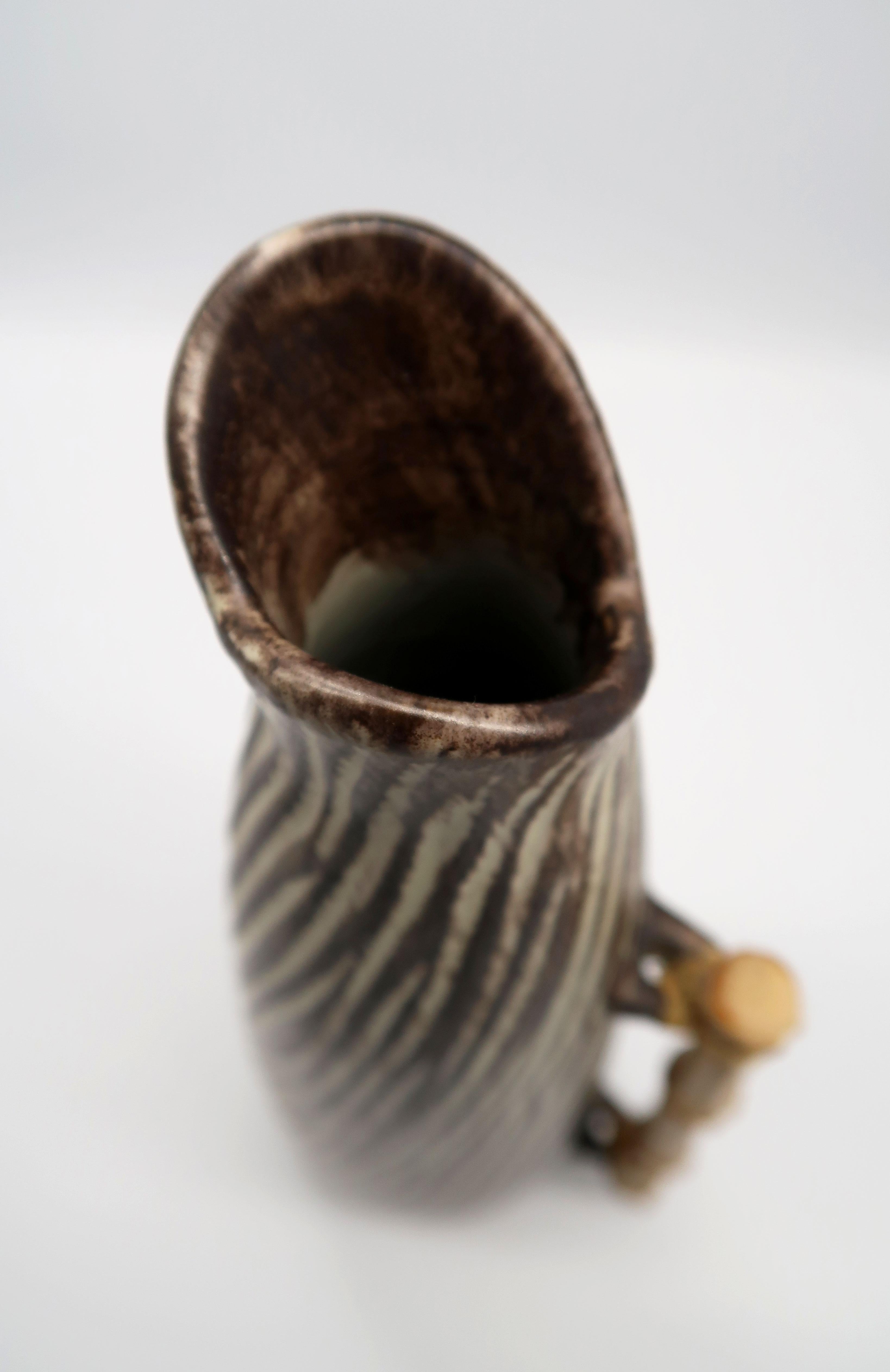 1960s Danish Modern Ceramic Pitcher Vase with Bamboo Handle by Jette Hellerøe 1
