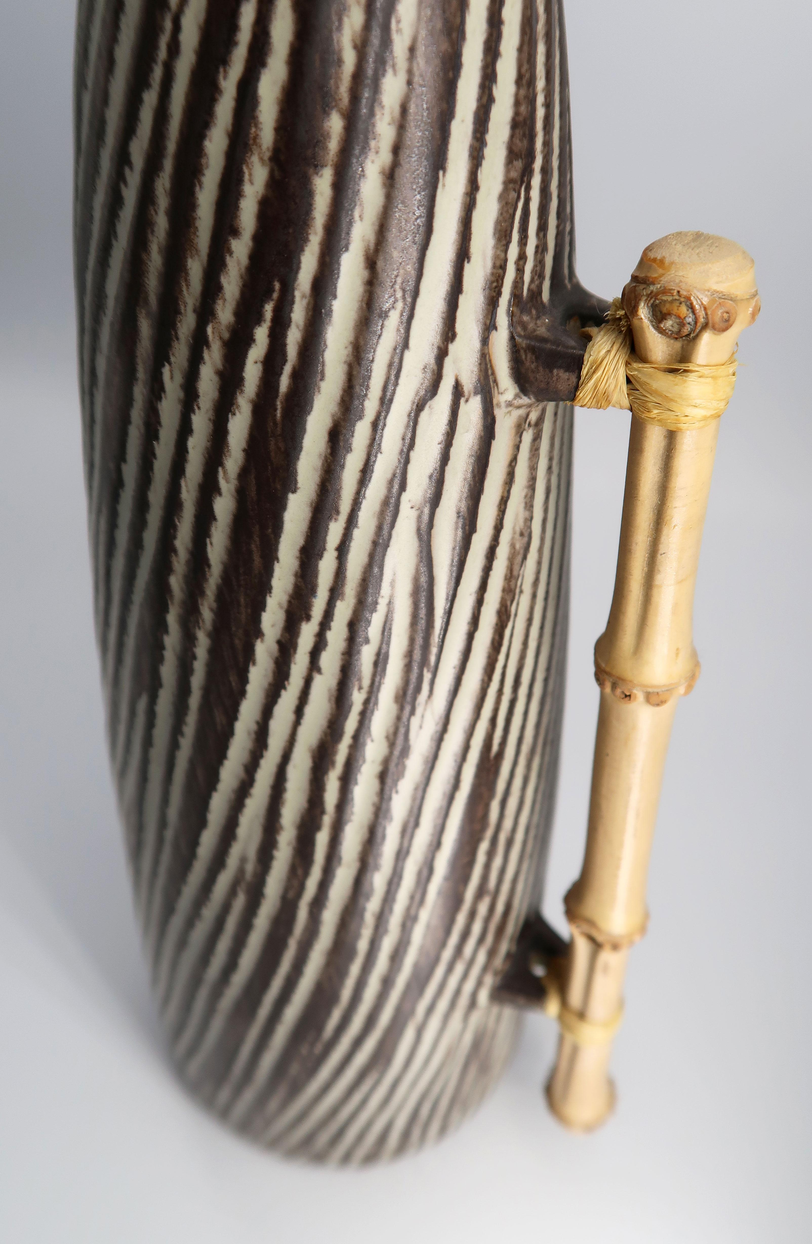 1960s Danish Modern Ceramic Pitcher Vase with Bamboo Handle by Jette Hellerøe 2