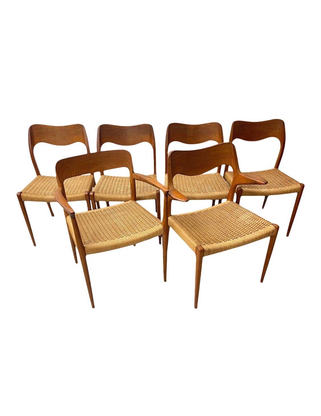Mid century set of six Danish dining chairs by Niels Møller for J.L. Møller Møbelfabrik in teak. This set includes four model 71 side chairs, one model 55 armchair, and one model 75 chair. The chairs are from one owner home and in great vintage